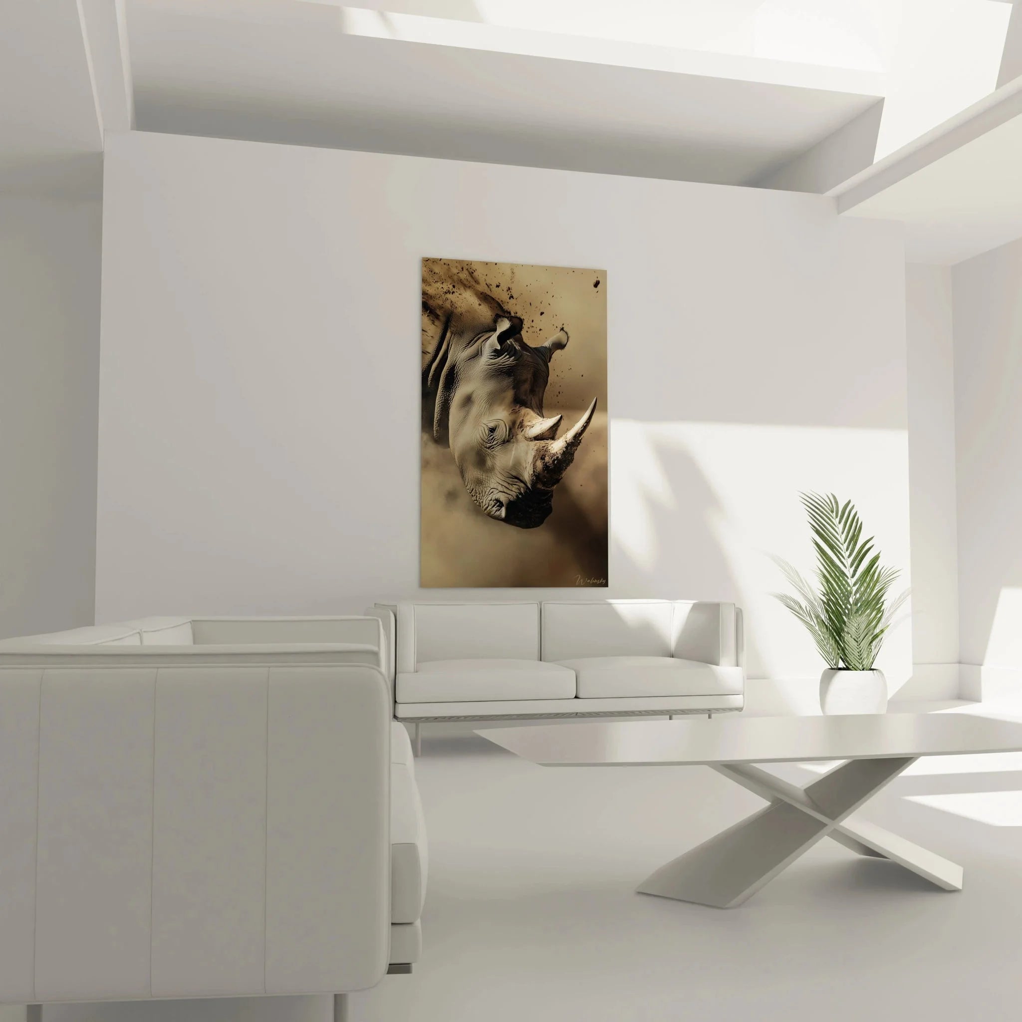 Detailansicht Rhinozeros Leinwandbild mit texturierter Haut und markanten Hörnern in Nahaufnahme