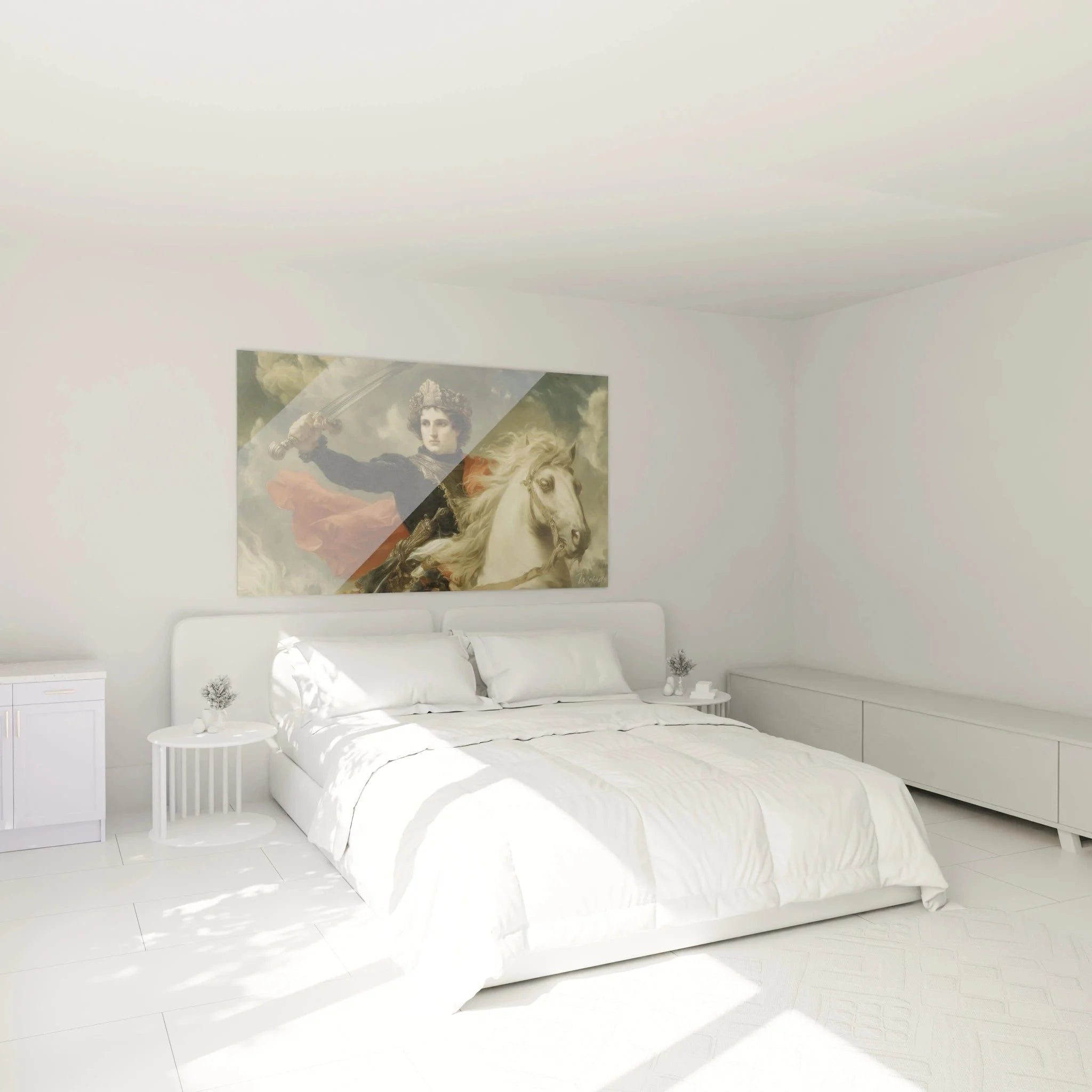 Neoklassizistisches Ritter Wandbild XXL in elegantem Schlafzimmer - majestätische Wanddekoration über Bett