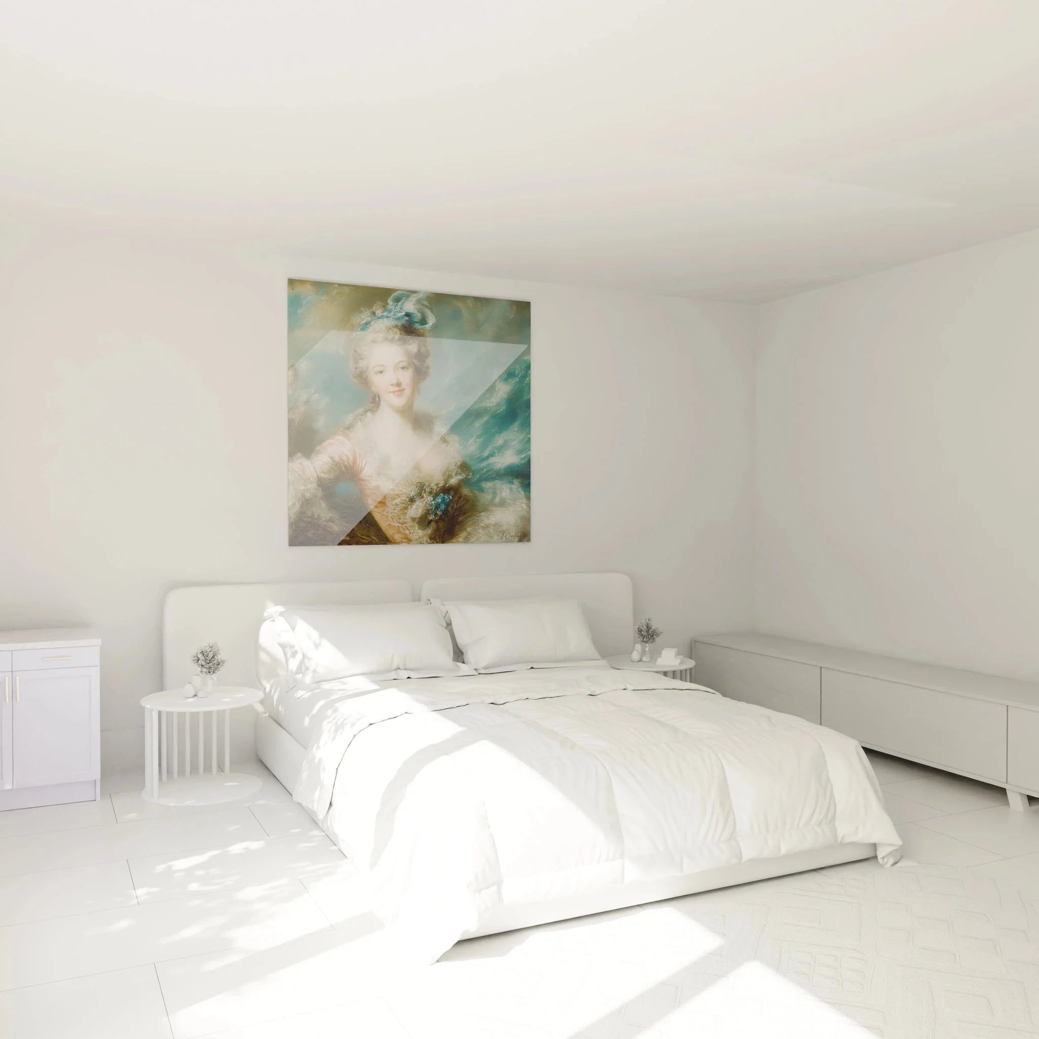 Rokoko Dame Portrait als XXL Wandbild in stilvollem Schlafzimmer mit klassischer Einrichtung