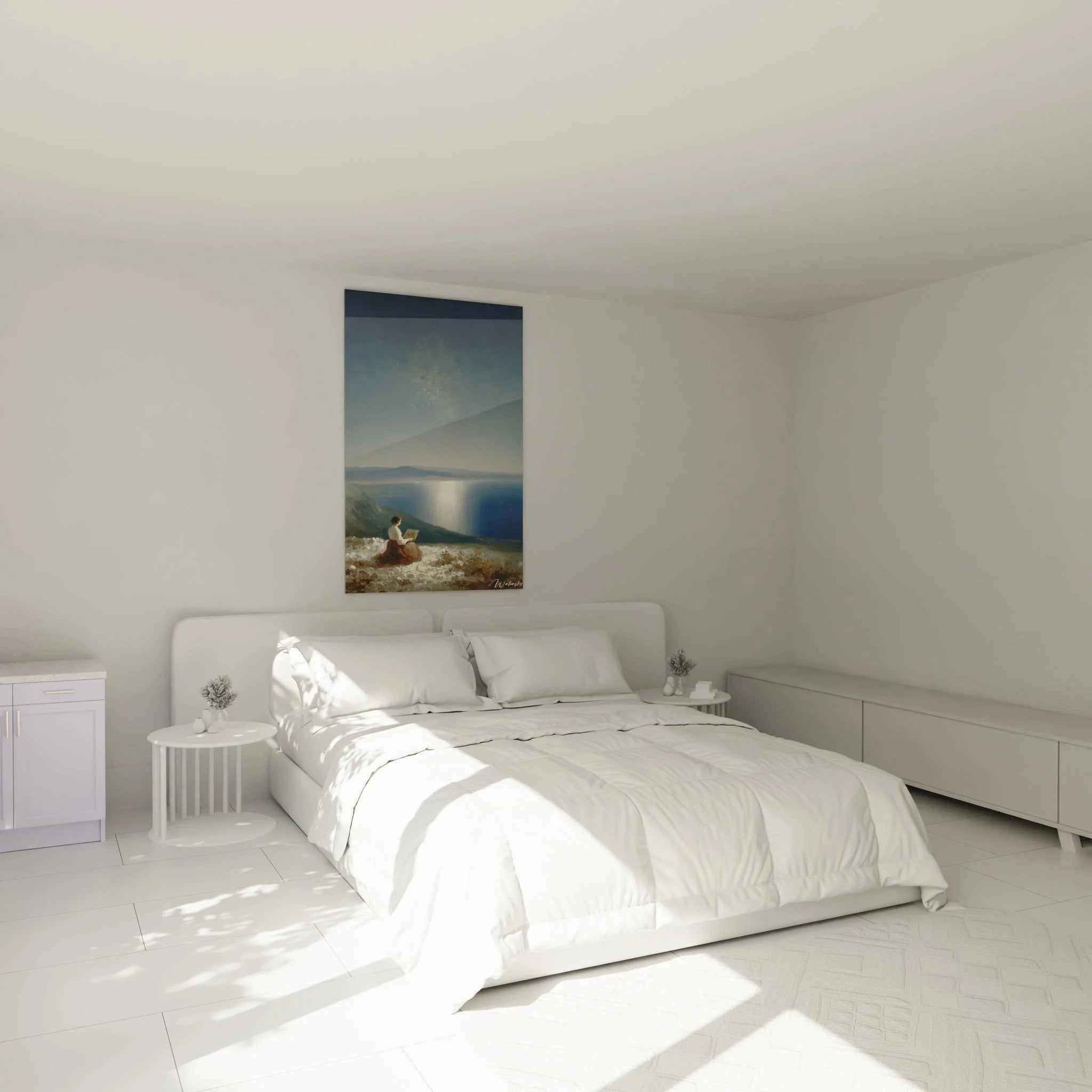 Romantisches Wandbild Lesender am Meer als elegante Schlafzimmer Dekoration mit Mondschein
