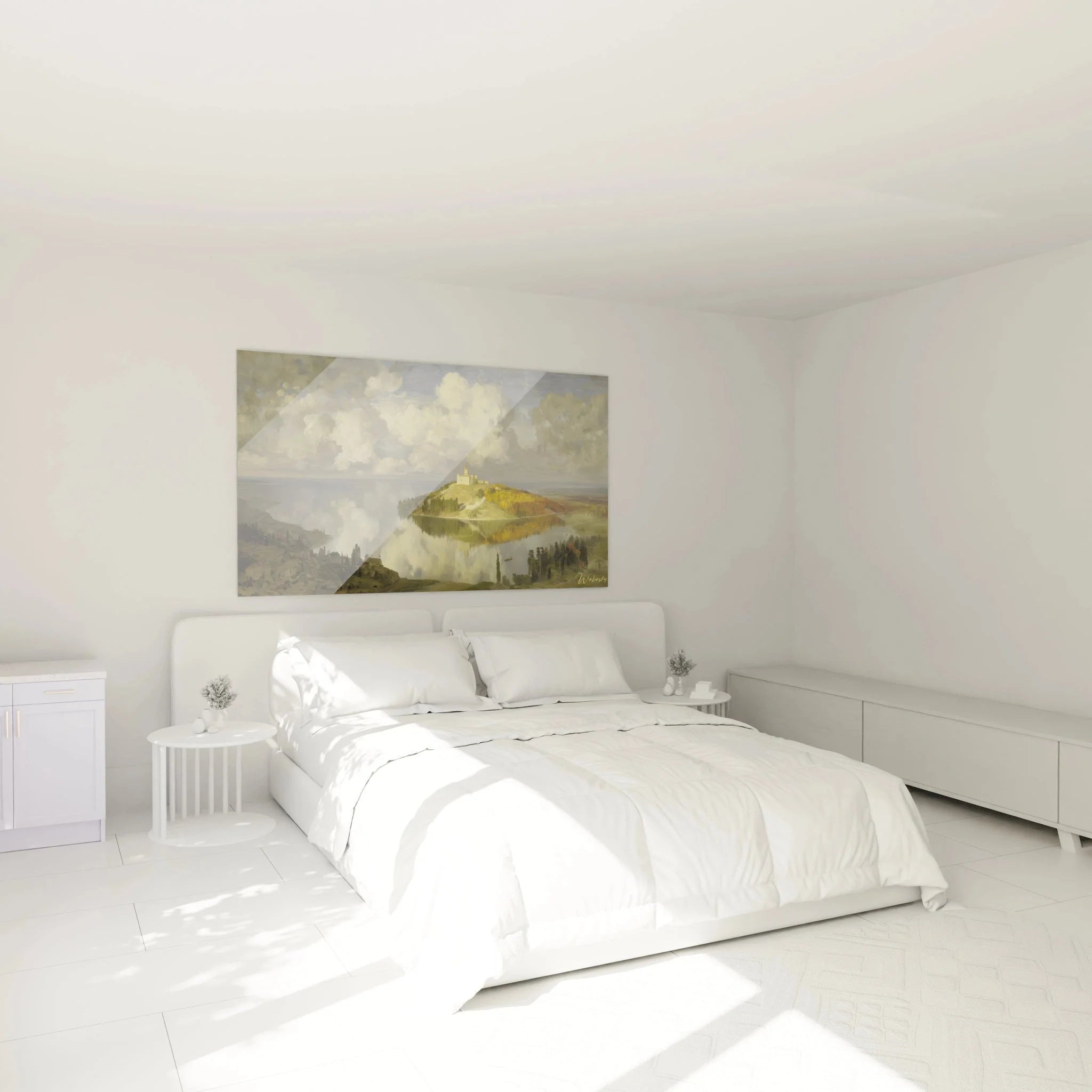 Romantisches Landschaftsbild mit Schloss am See als elegante Schlafzimmer-Wanddekoration