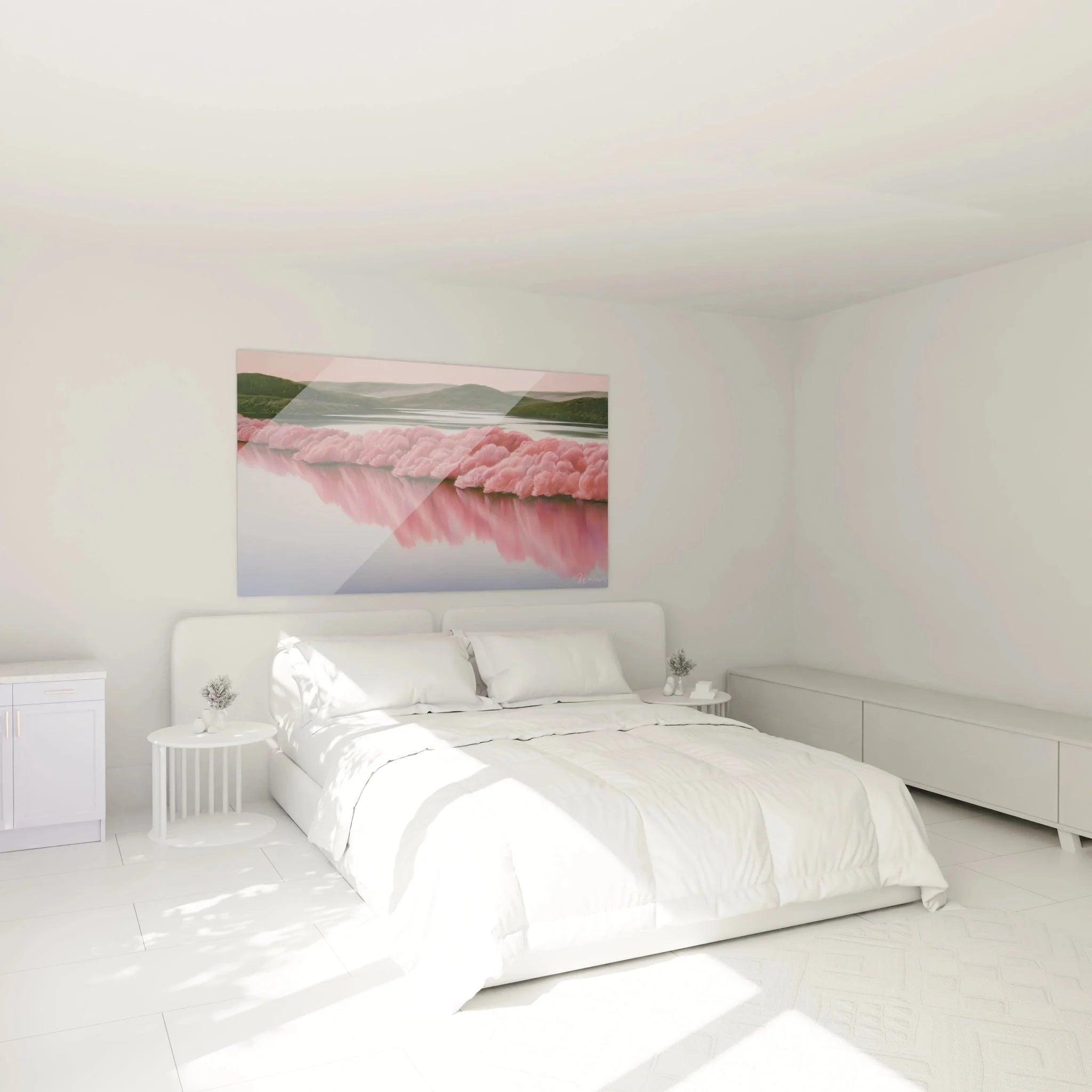 Rosa Kirschblüten Wandbild XXL in modernem Schlafzimmer - hyperrealistische Wanddekoration