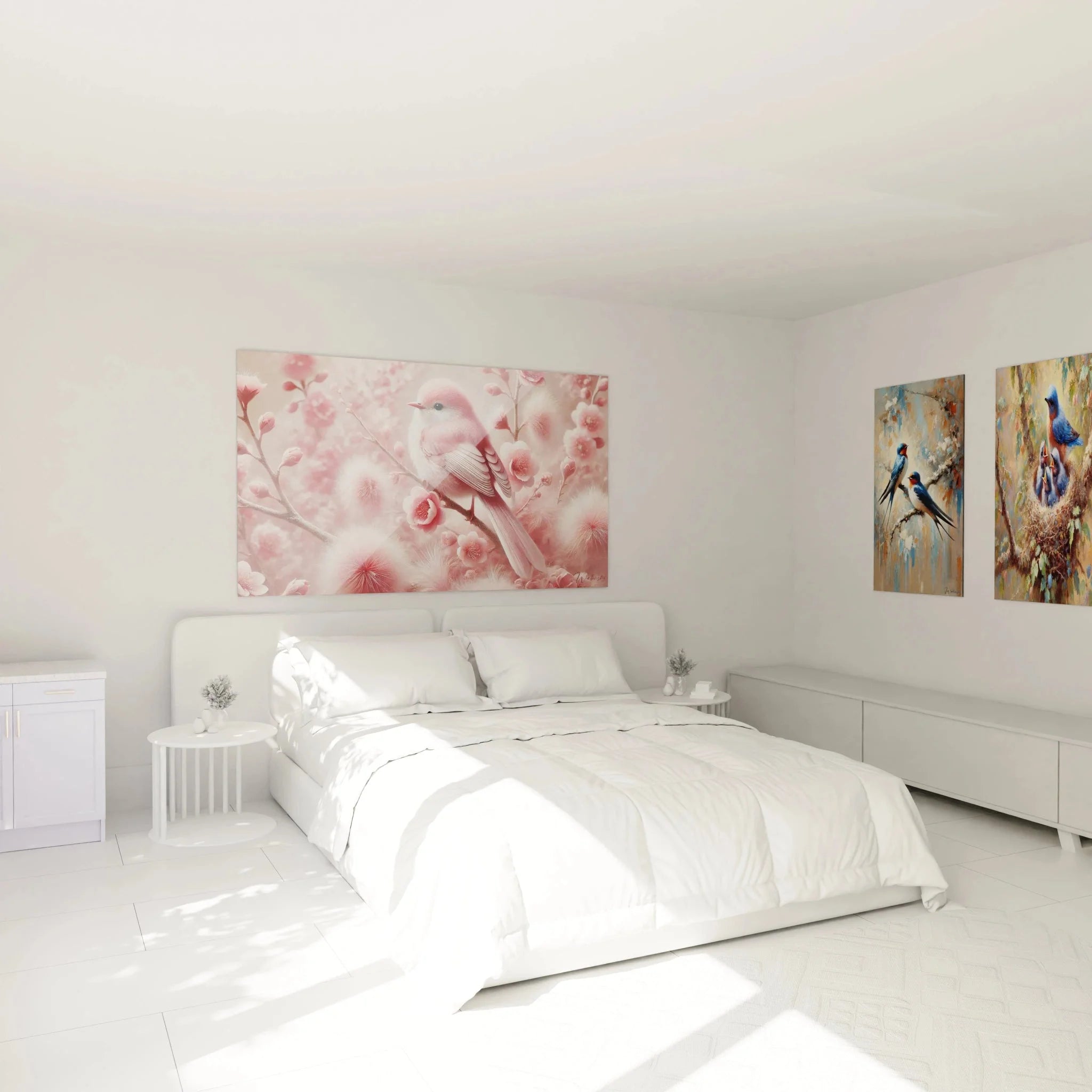 Rosa Vogel Wandbild in elegantem Schlafzimmer - romantische Wanddekoration mit Kirschblüten Motiv