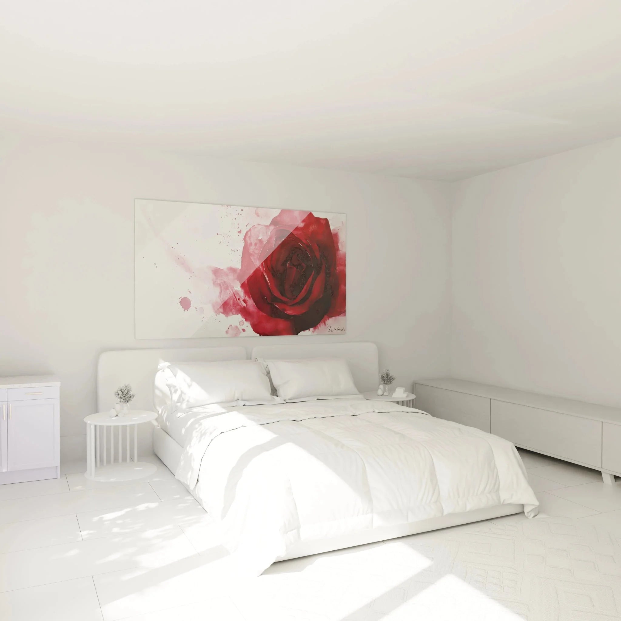 Rotes Rose Wandbild XXL Aquarell als stilvolle Wanddekoration im modernen Schlafzimmer