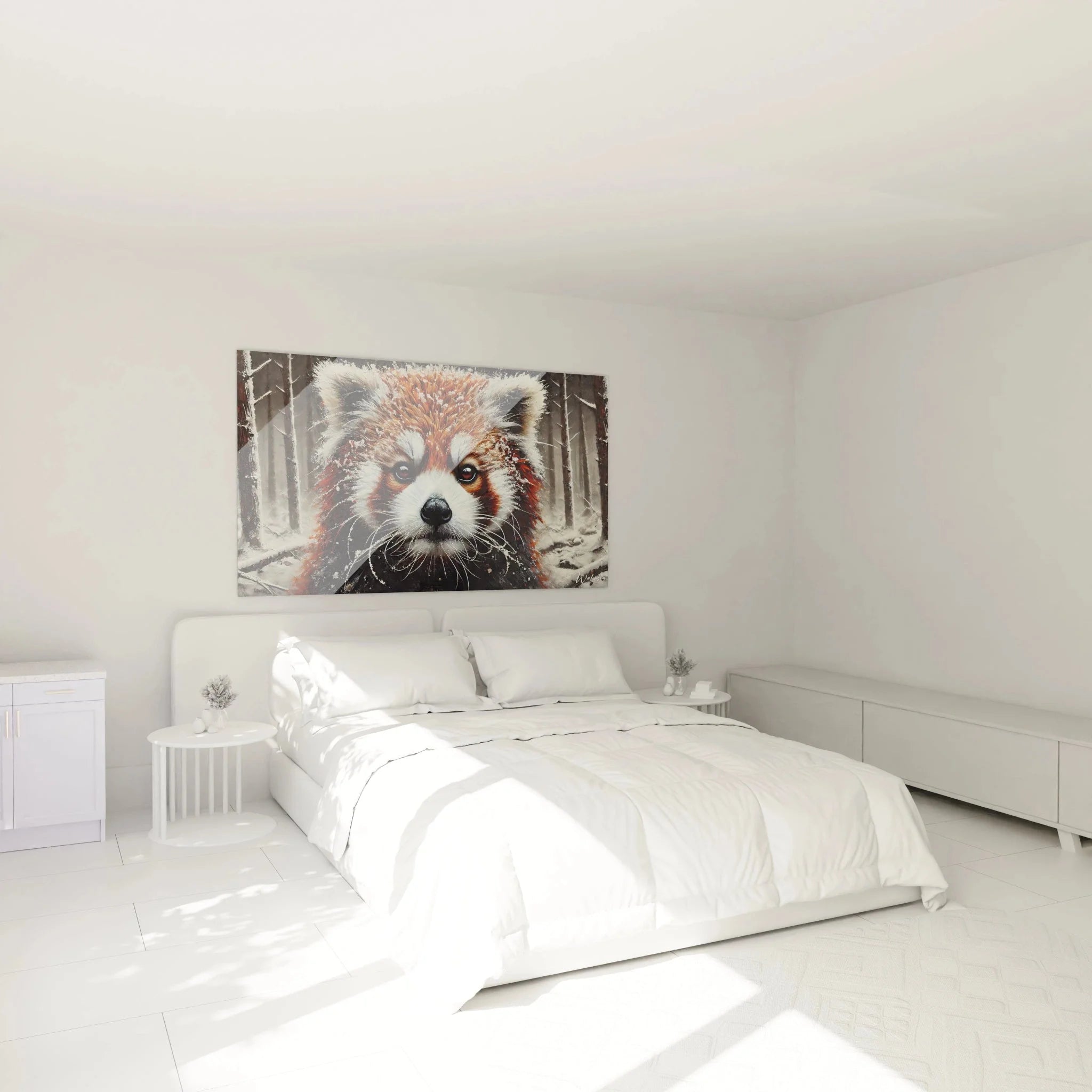 Roter Panda Wandbild in modernem Schlafzimmer als stilvolle Wanddekoration über dem Bett