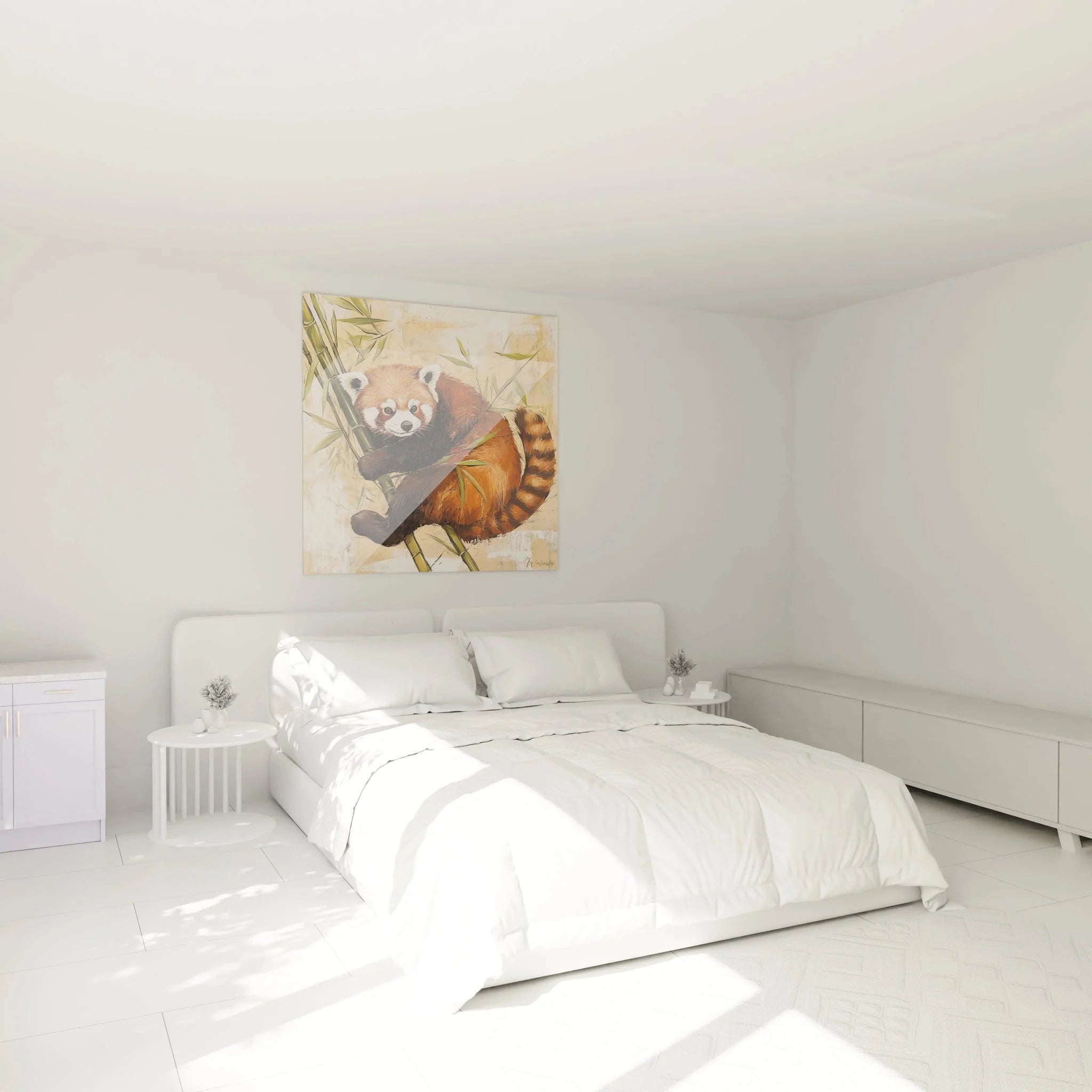Schlafzimmer Dekoration mit Roter Panda Wandbild über dem Bett in modernem Wohnambiente