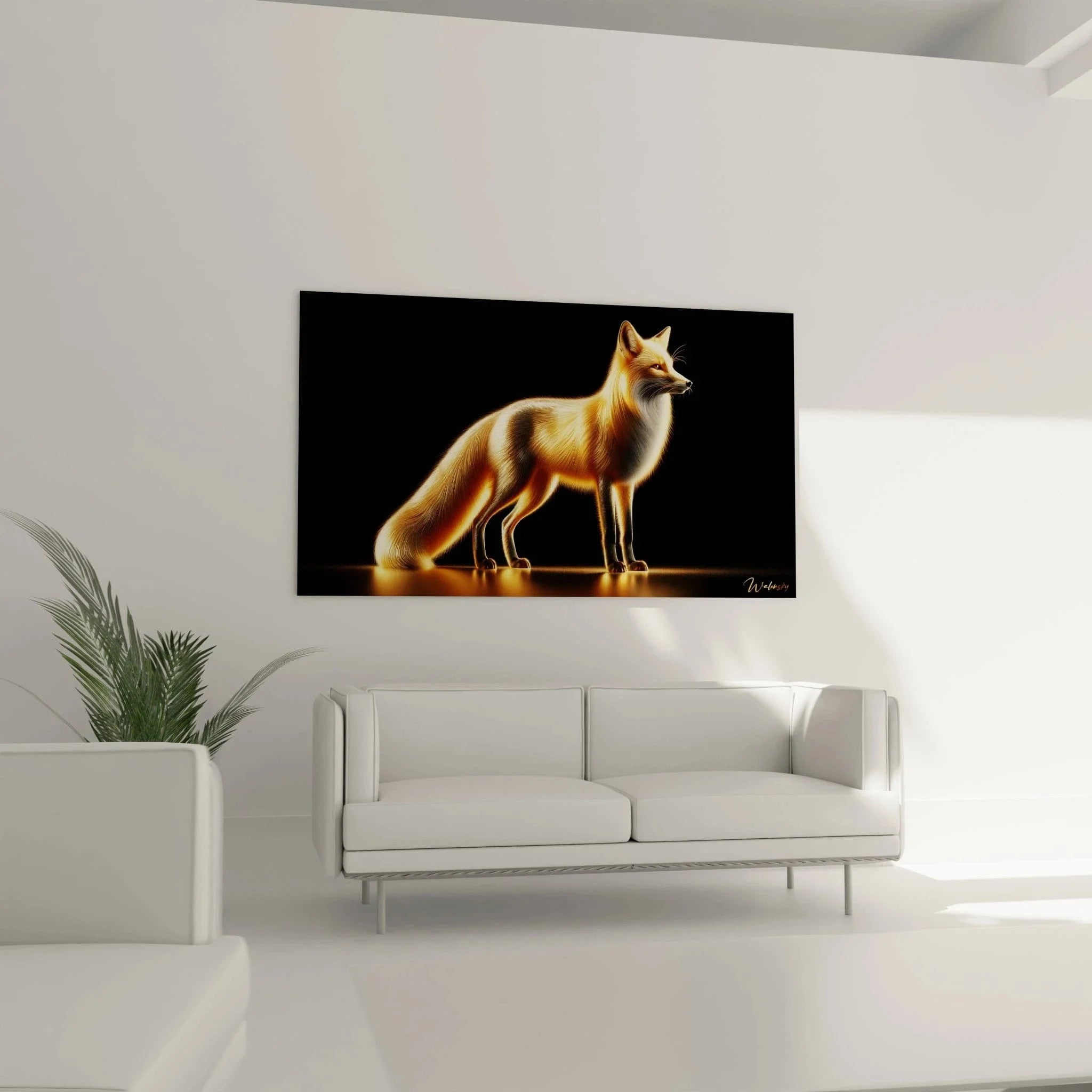 Detailaufnahme goldener Rotfuchs Wandbild - Premium Leinwanddruck mit Lichteffekten