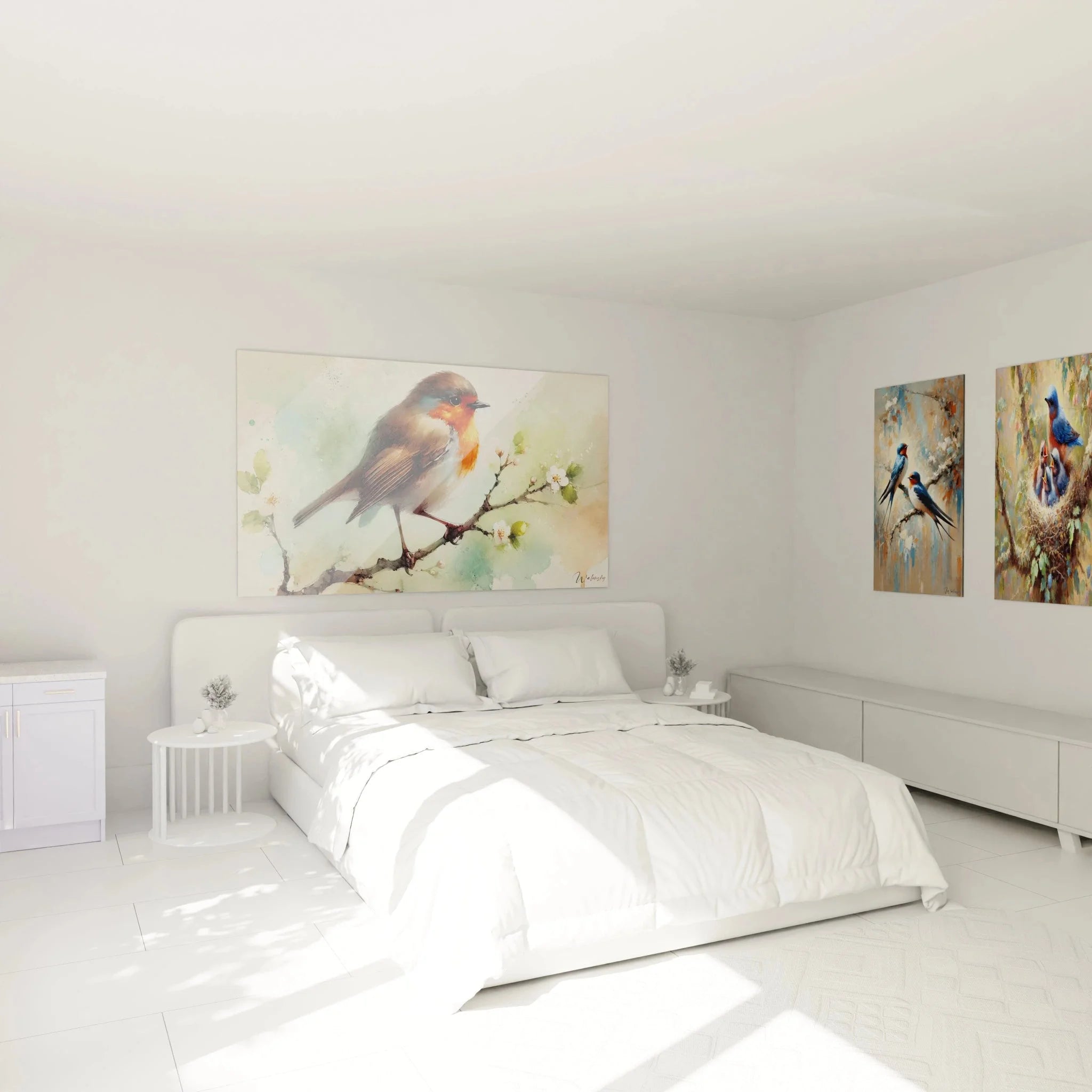 Rotkehlchen Wandbild in modernem Schlafzimmer als elegante Wanddekoration über dem Bett