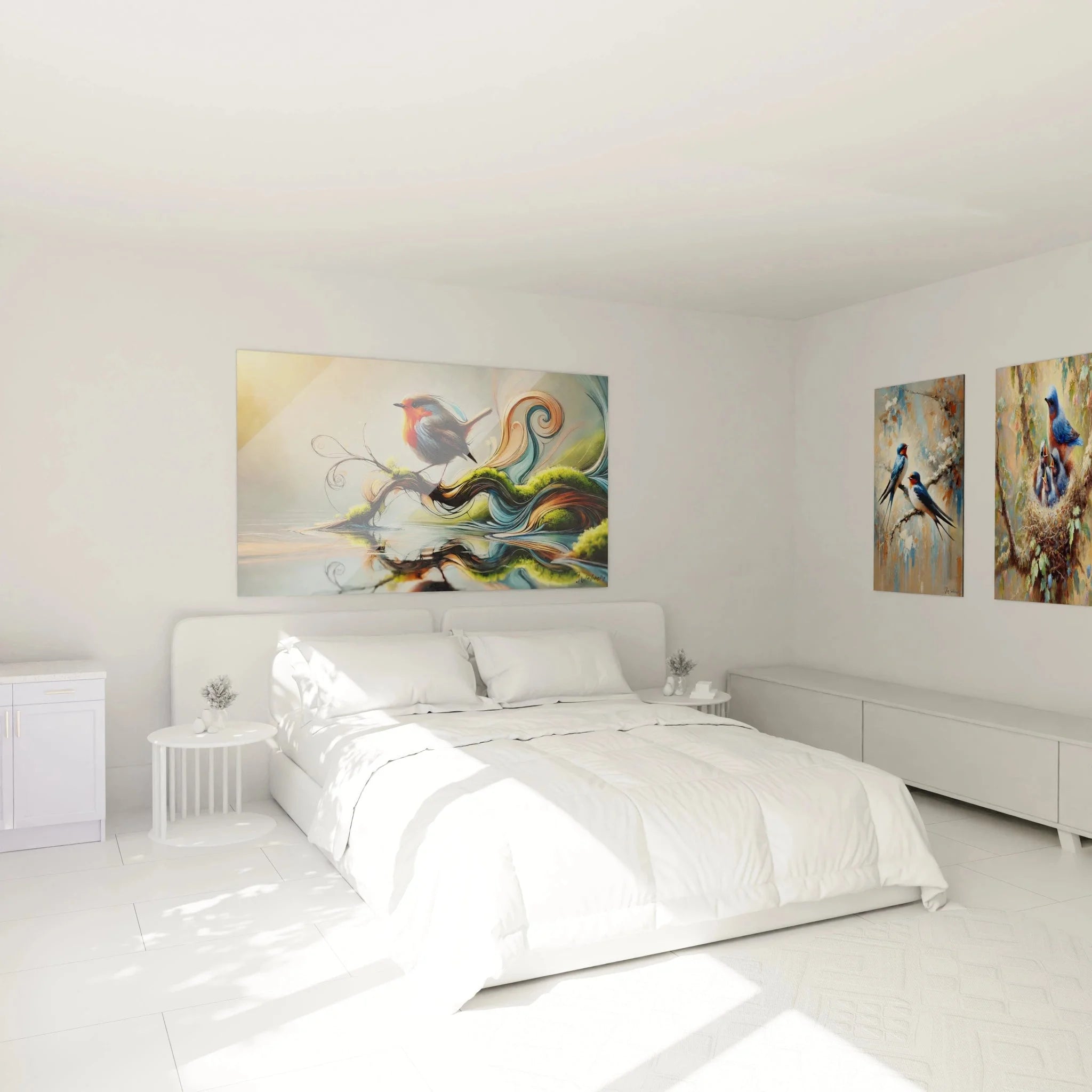 Rotkehlchen Wandbild XXL im Schlafzimmer - Moderne Vogelkunst als stilvolle Wanddekoration