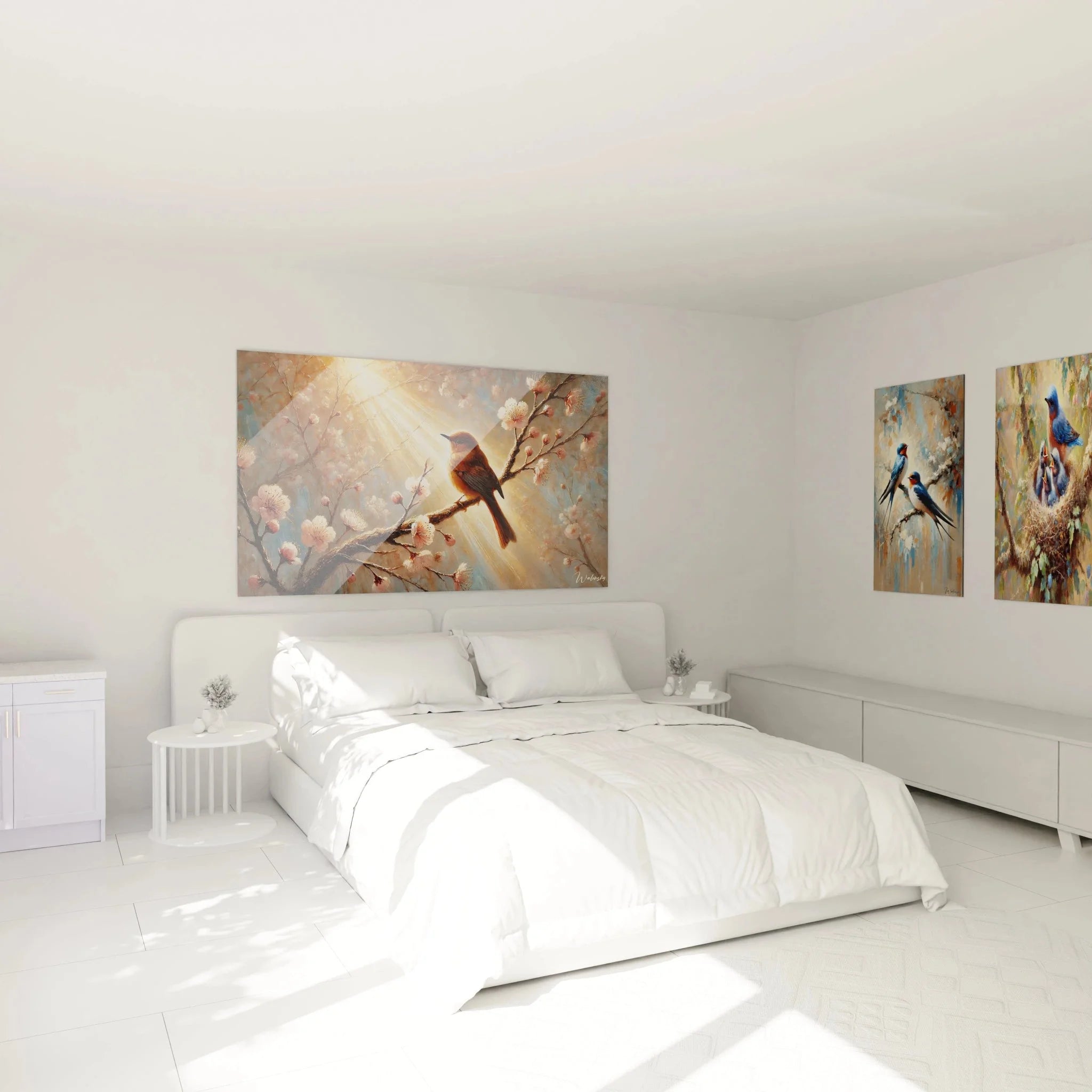 Rotkehlchen Wandbild XXL in modernem Schlafzimmer - Vogel Wanddeko mit Kirschblüten