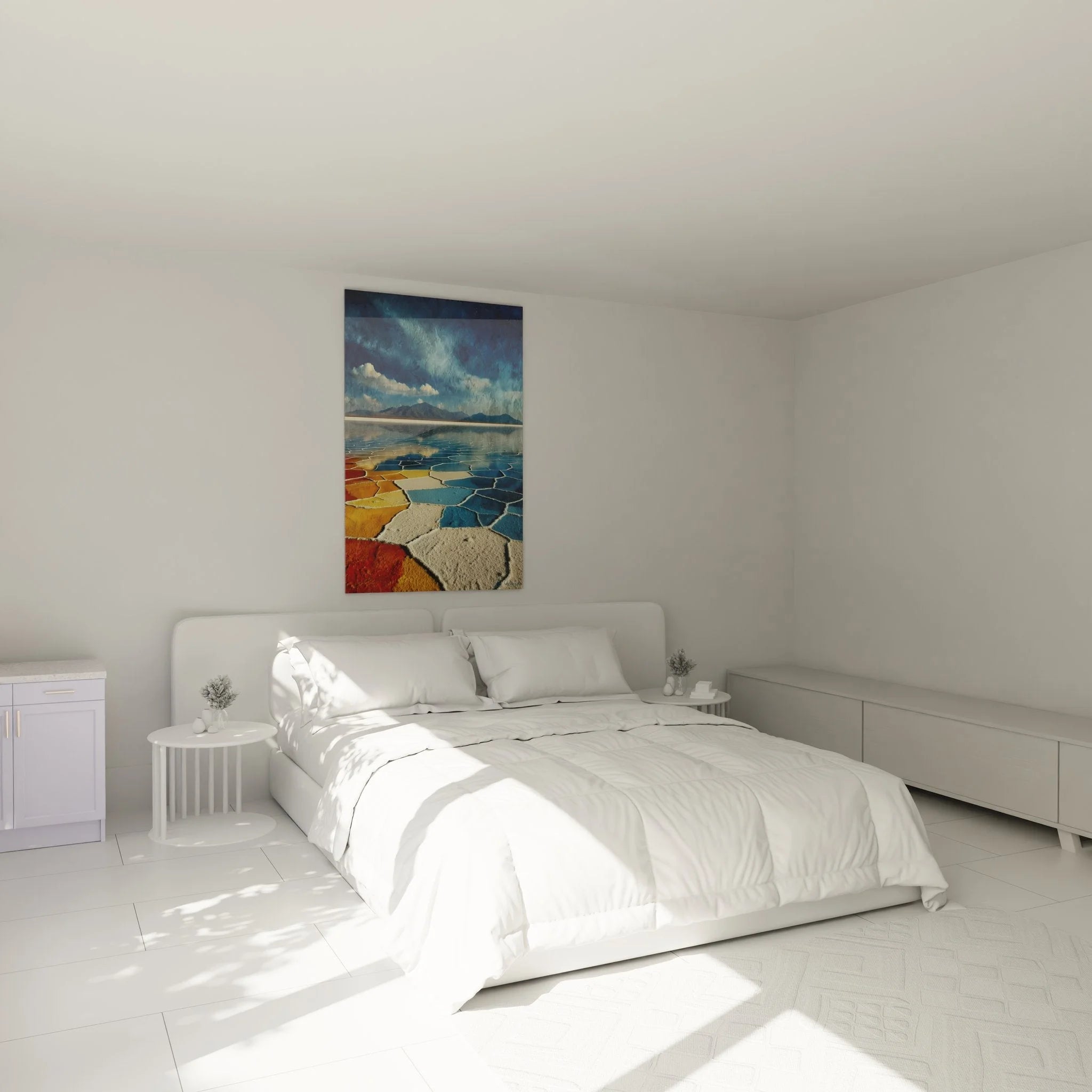 Salzwüsten Wandbild im Schlafzimmer - Moderne Wüstenlandschaft Wanddeko in warmen Farben
