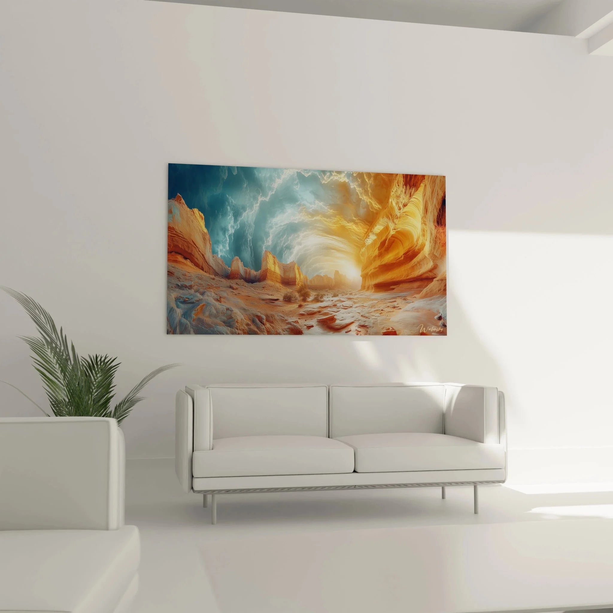 Detailansicht Sandstein Wandbild Wüstenschlucht mit goldenen Lichtspielen und Erosionsstrukturen