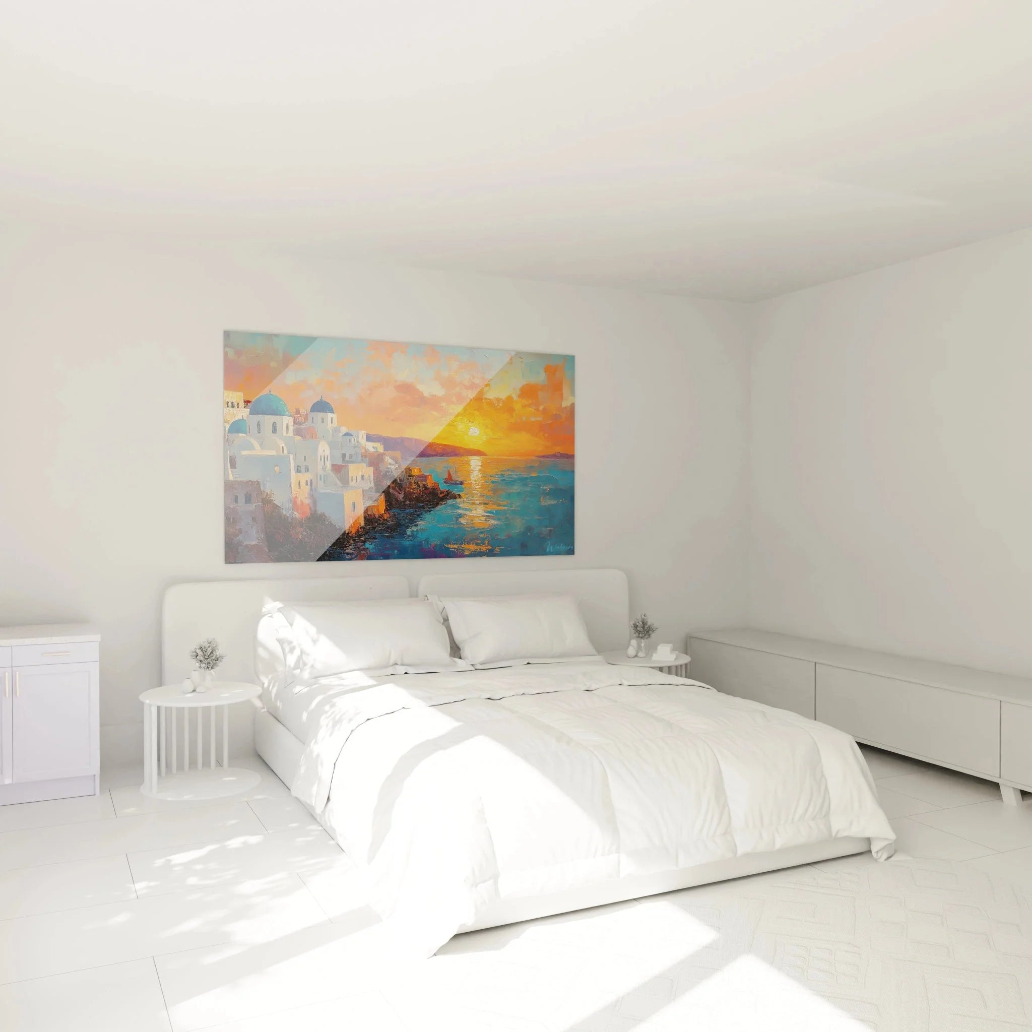 Santorini Leinwandbild Sonnenuntergang als Wanddeko im Schlafzimmer mediterrane Atmosphäre