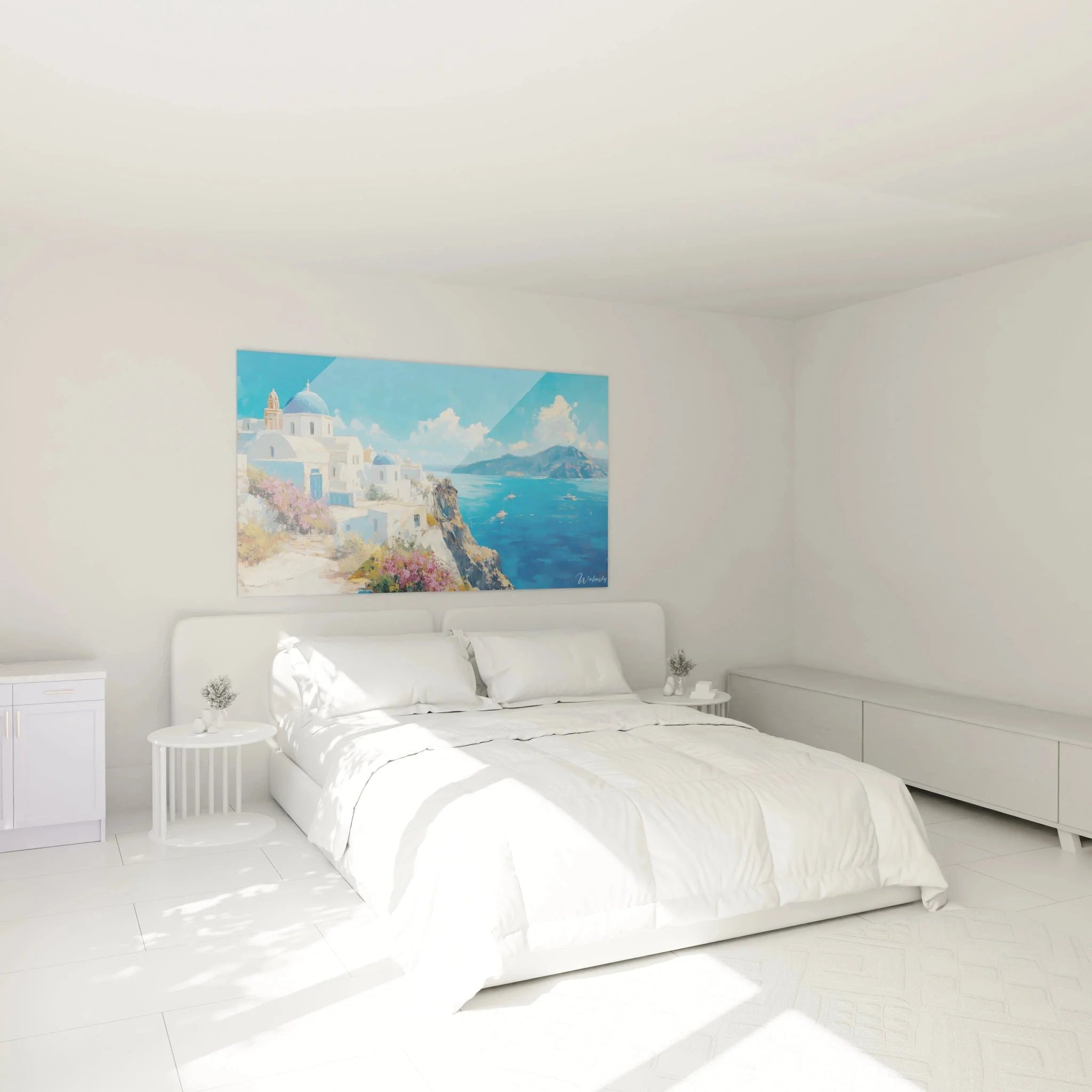 Santorini Wandbild XXL in modernem Schlafzimmer mit mediterraner Dekoration