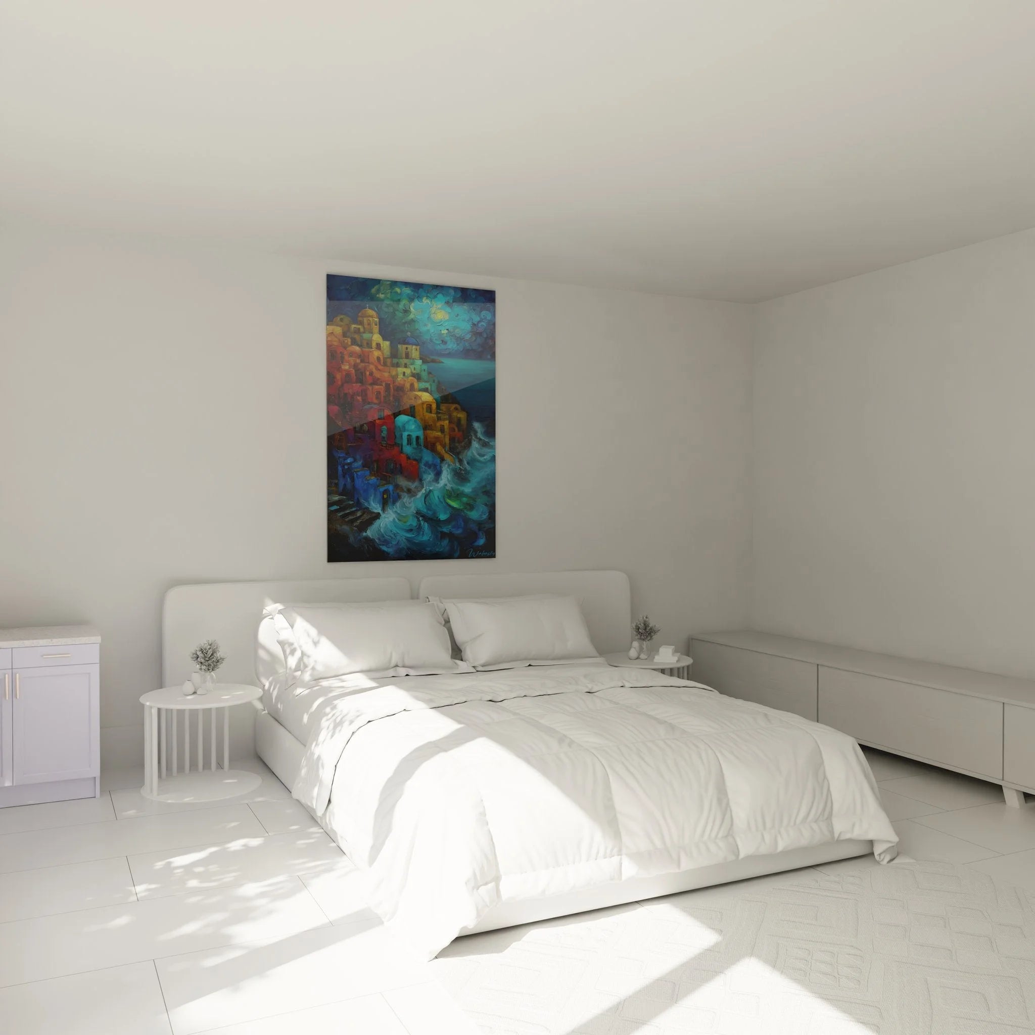 Santorini Wandkunst XXL in modernem Schlafzimmer mit mediterraner Kliffen-Atmosphäre