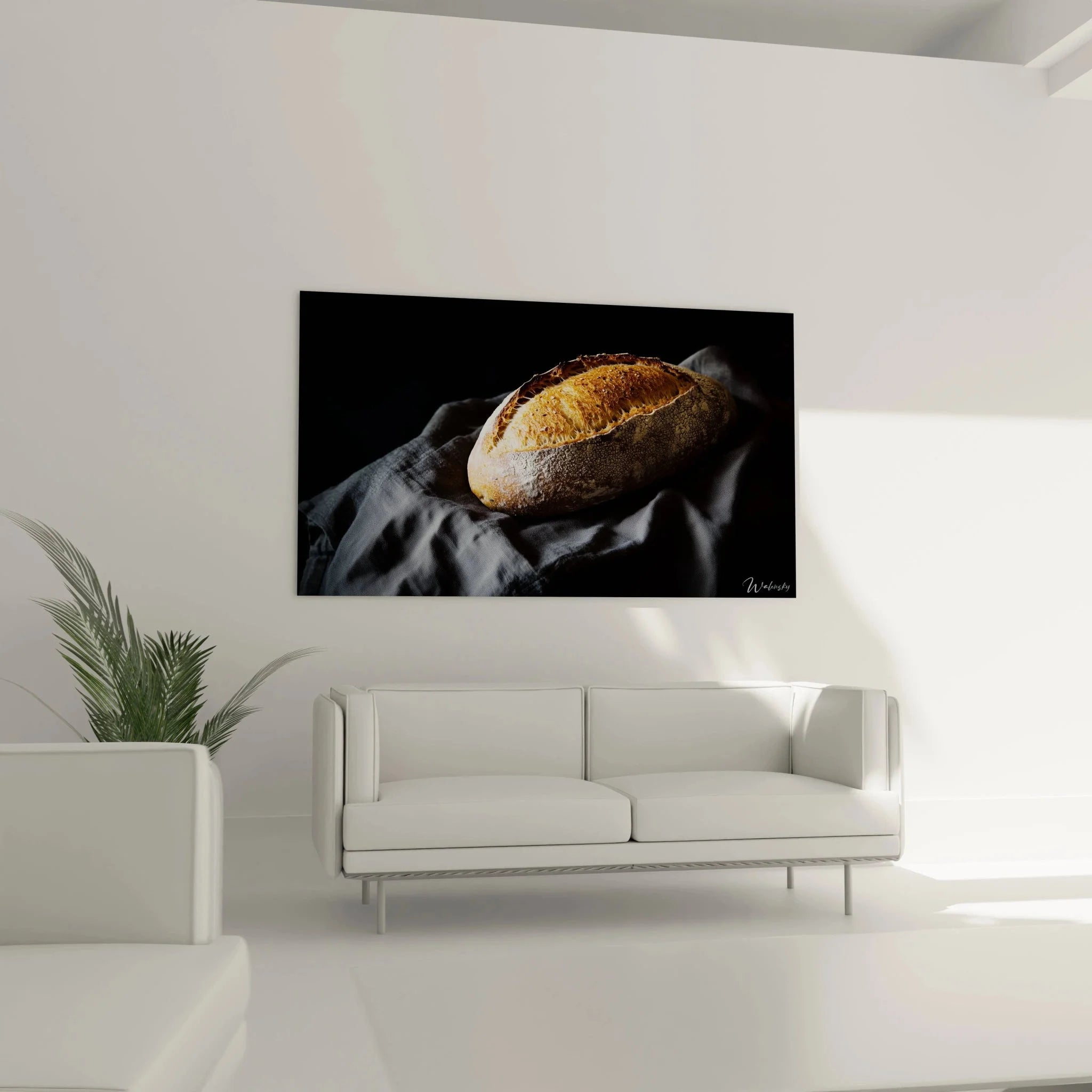 Nahaufnahme Sauerteigbrot Kunstdruck zeigt Details der knusprigen Brotrinde und Krumenstruktur