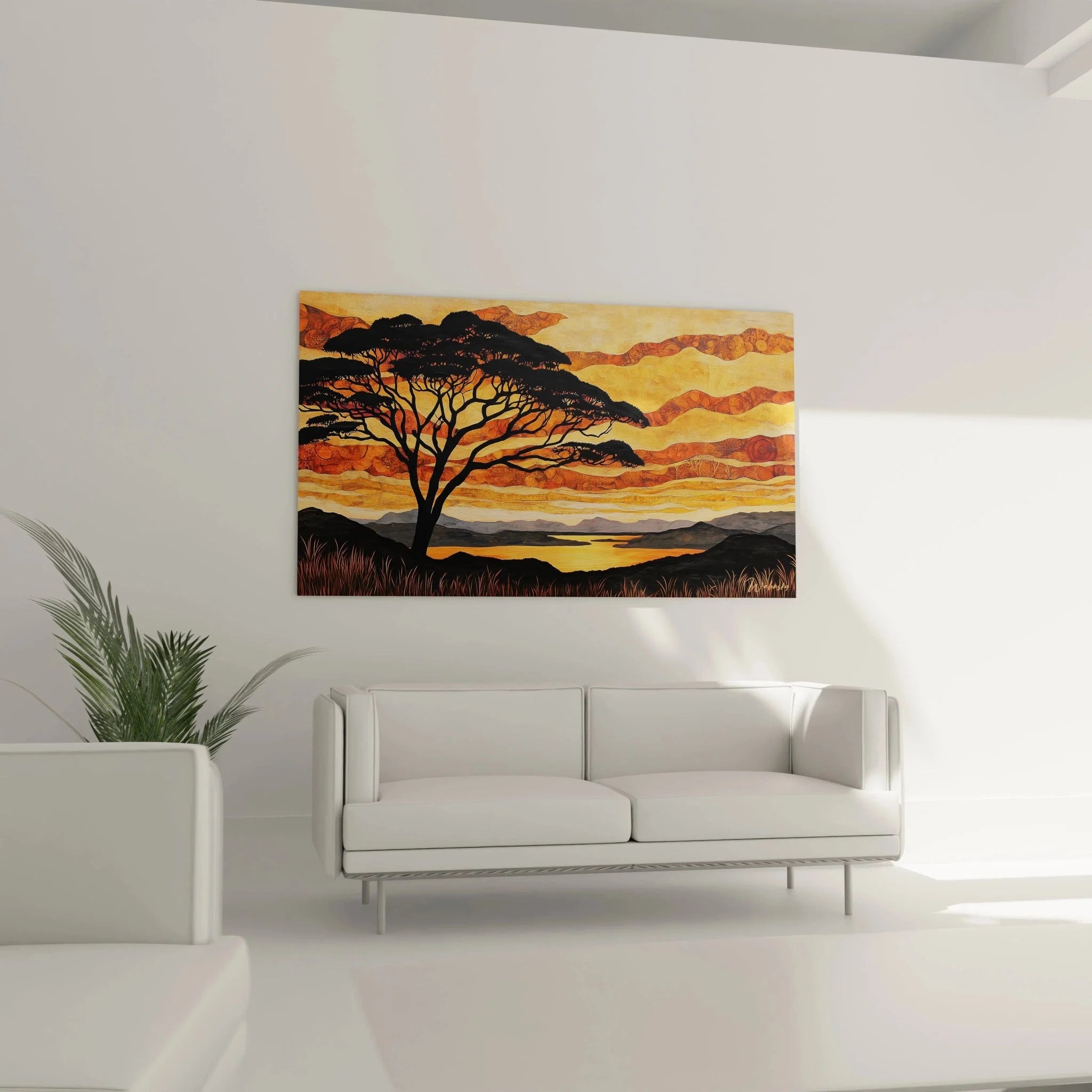 Detailansicht Wandbild Savanne Akazienbaum mit strukturierten warmen Farben und Baumsilhouette