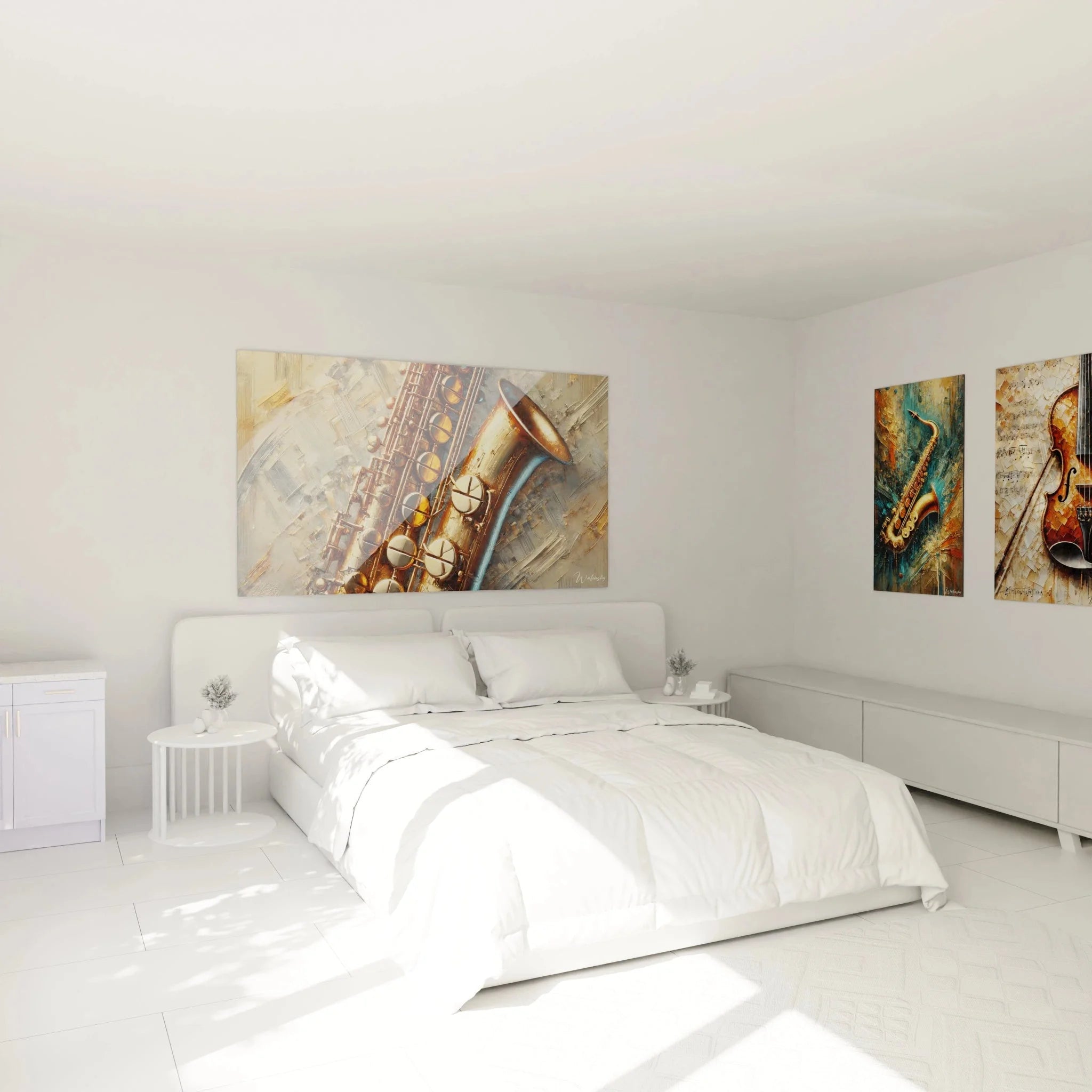 Saxophon Wandbild im Schlafzimmer - Elegante Jazz Kunstdruck Dekoration in warmen Goldtönen für stilvolle Räume
