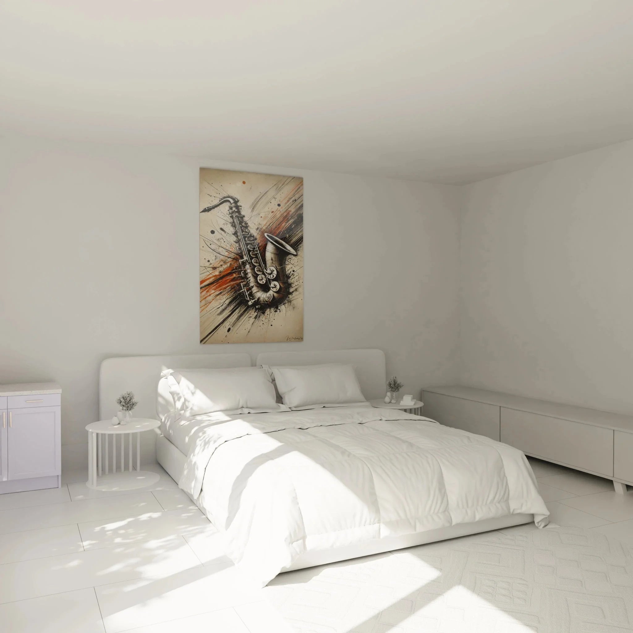 Saxophon Wandbild in modernem Schlafzimmer - abstrakte Musikkunst als stilvolle Wanddekoration