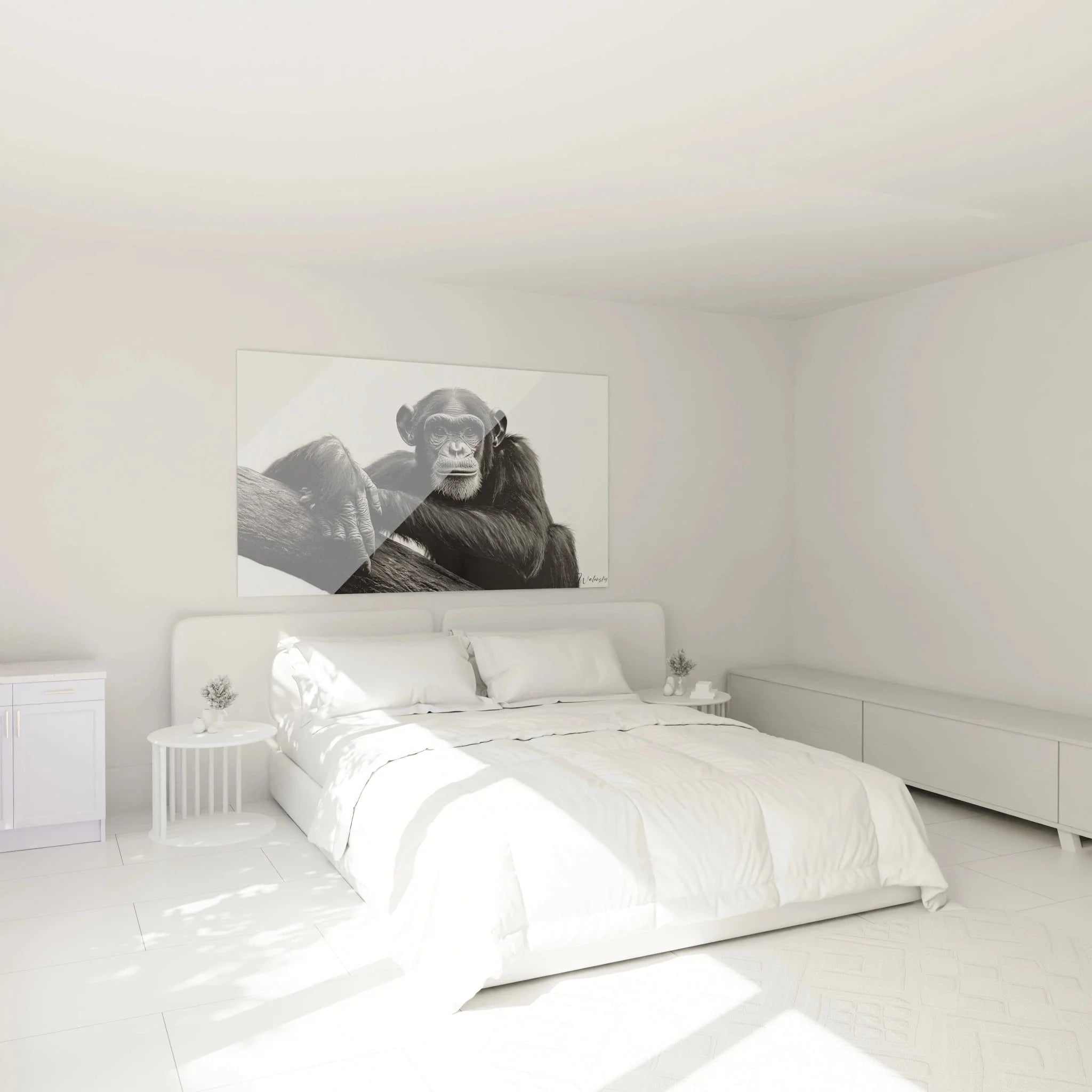 Schimpanse Wandbild im Schlafzimmer - schwarz-weiß Primat Kunstdruck als moderne Wanddekoration