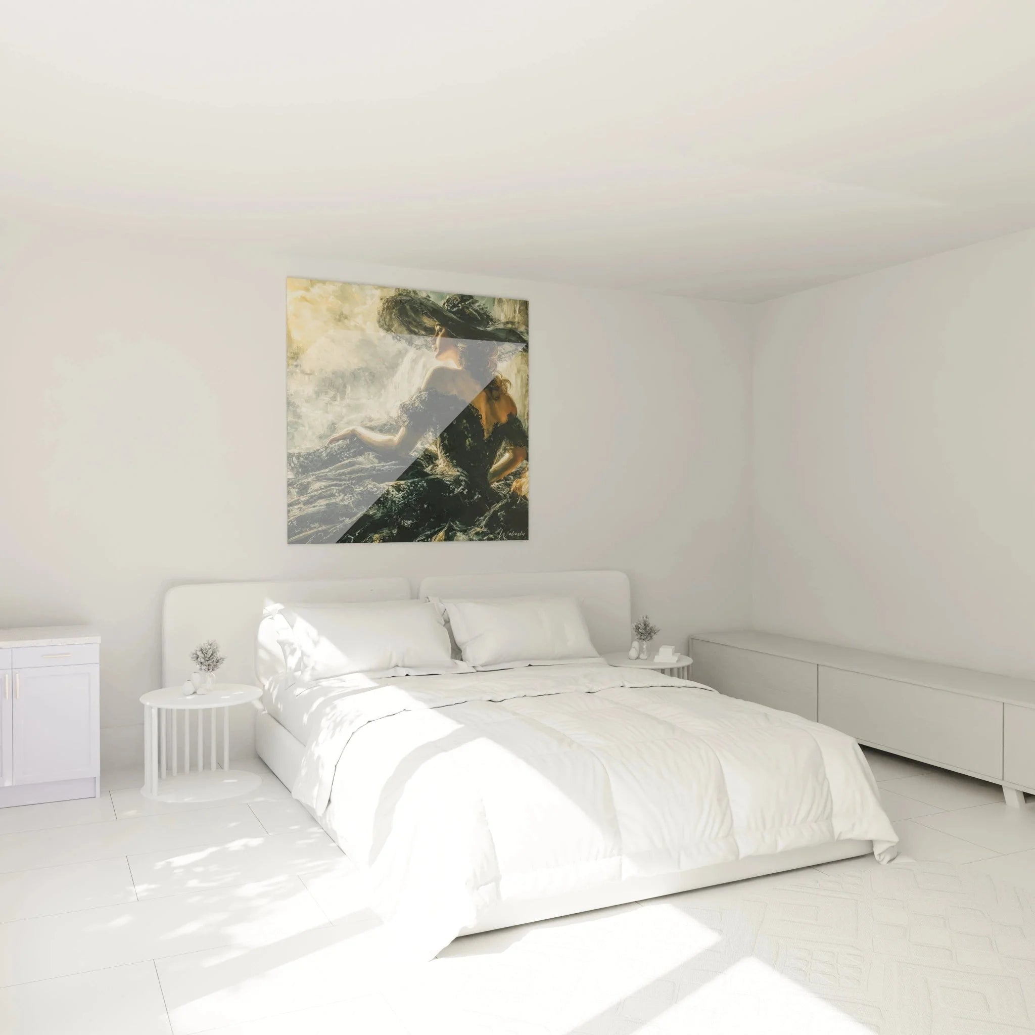 Schlafzimmer Dekoration mit gotischem Wandbild einer mysteriösen Frau in schwarzem Gewand