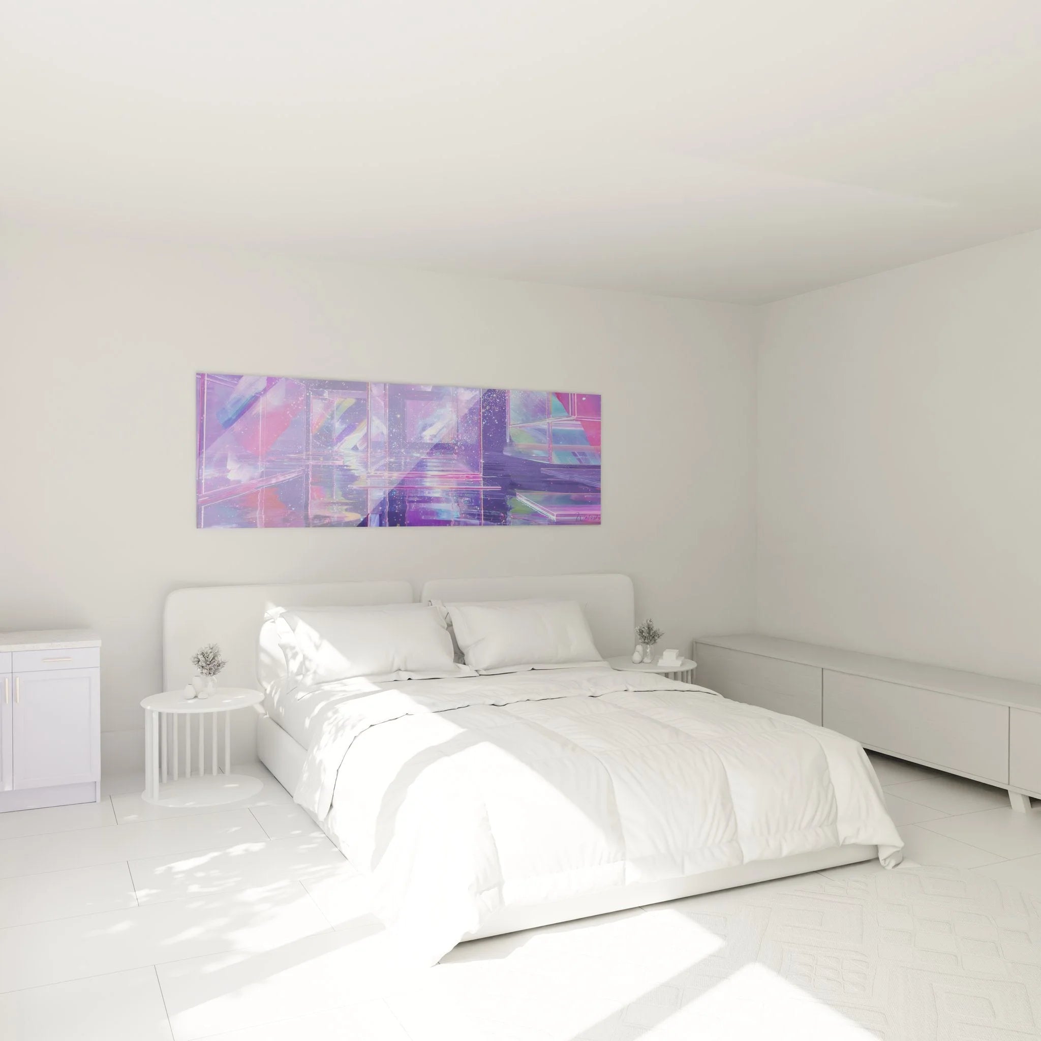 Schlafzimmer Wanddekoration mit futuristischer Hologramm Architektur in Violett-Tönen