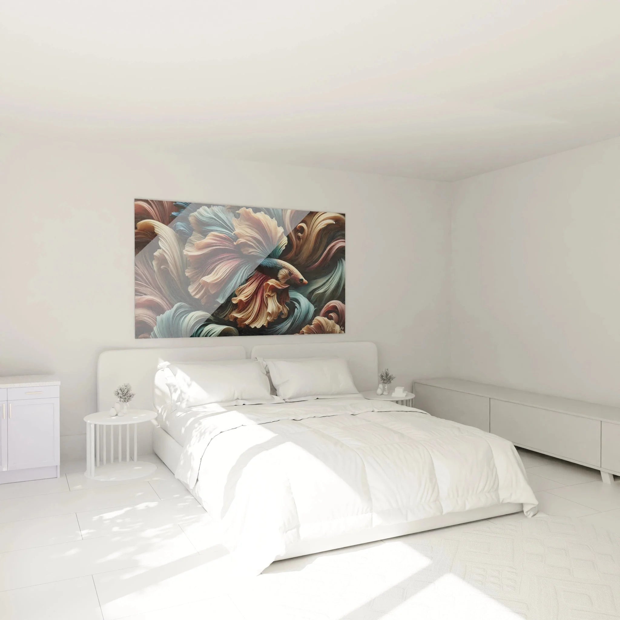 Schlafzimmer Wanddeko Betta Kampffisch Leinwand in warmen Farbtönen über dem Bett montiert