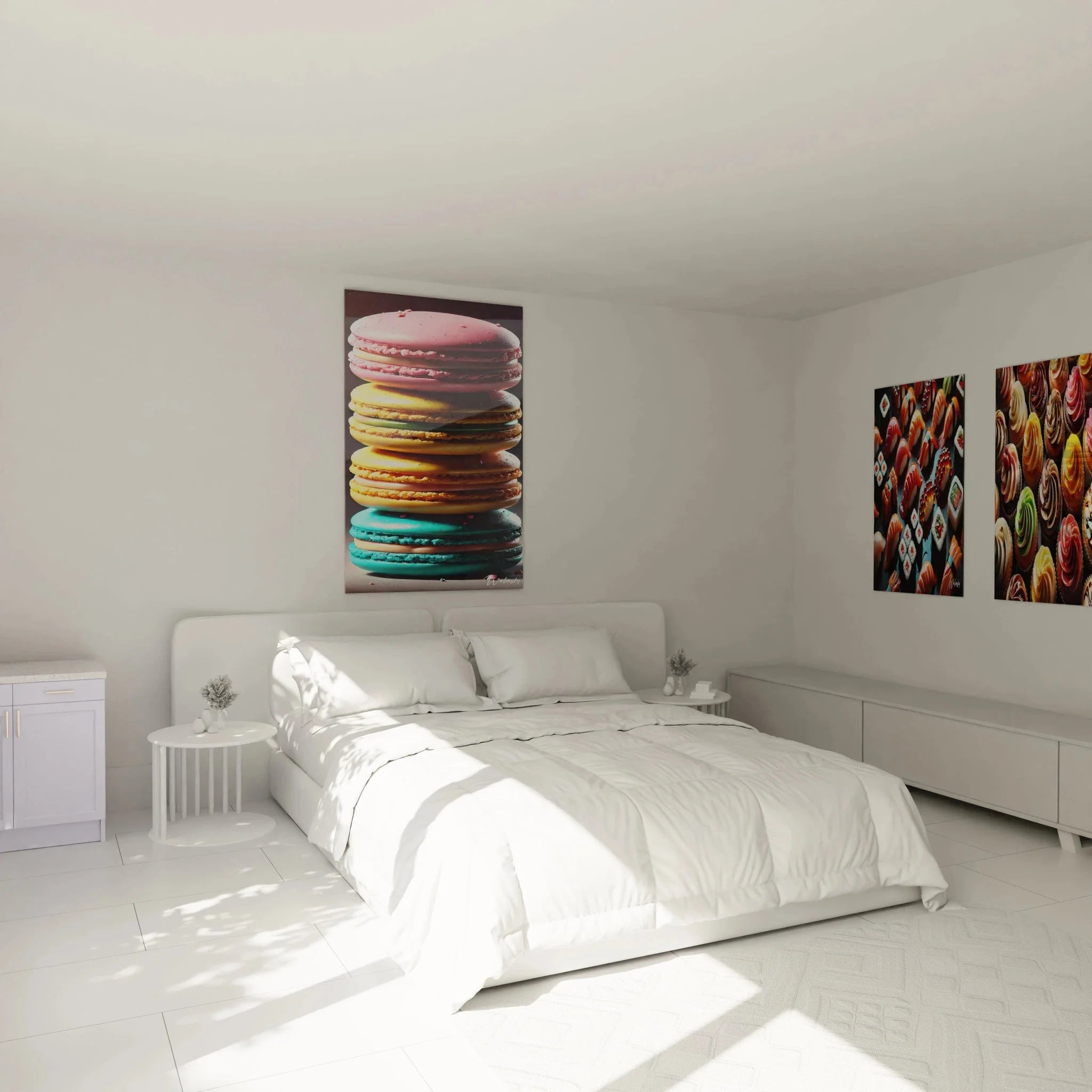 Stilvolle Schlafzimmer Wanddeko mit französischen Macarons Motiv in Pastellfarben