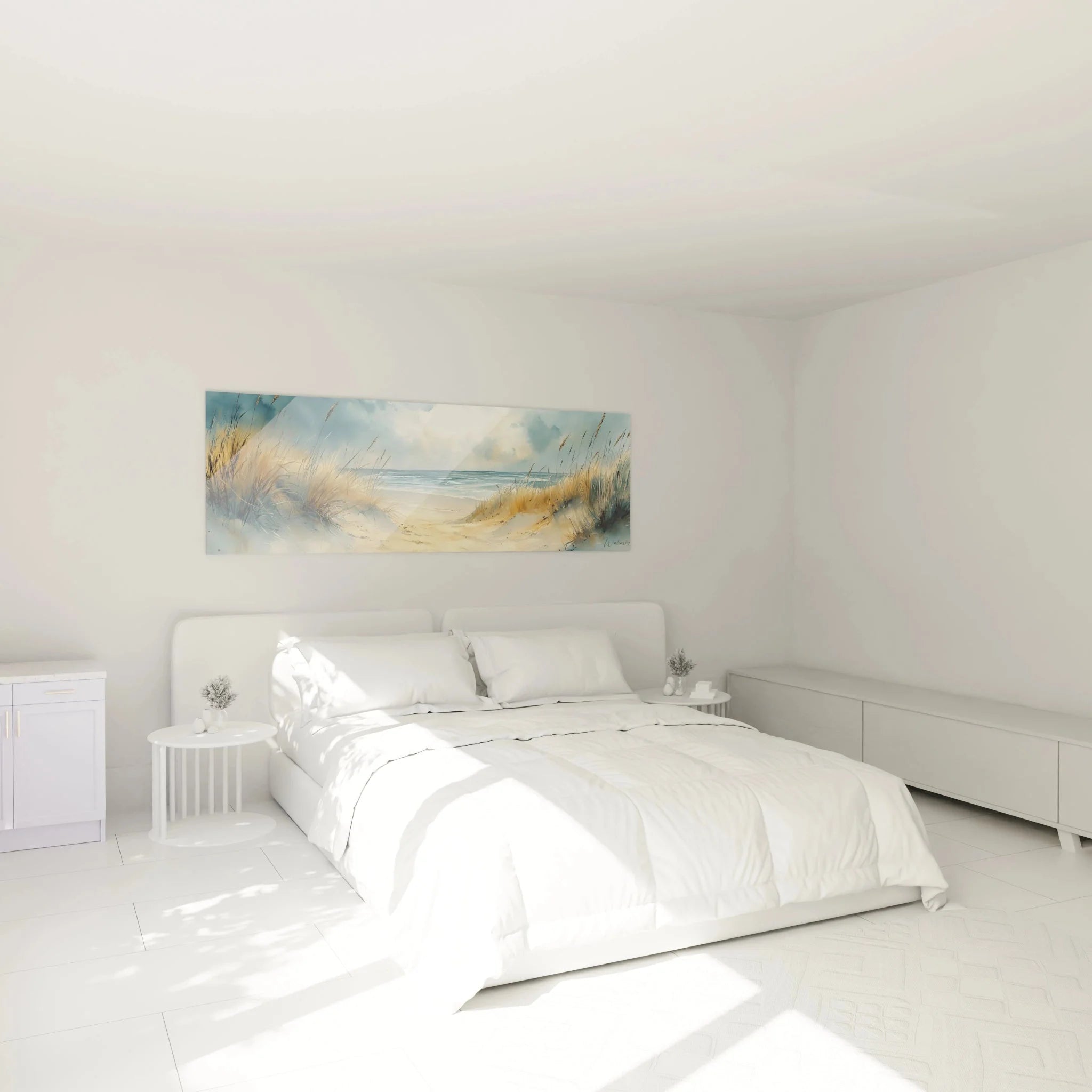 Schlafzimmer Dekoration mit Wandbild Dünenlandschaft Nordsee für entspannte Atmosphäre