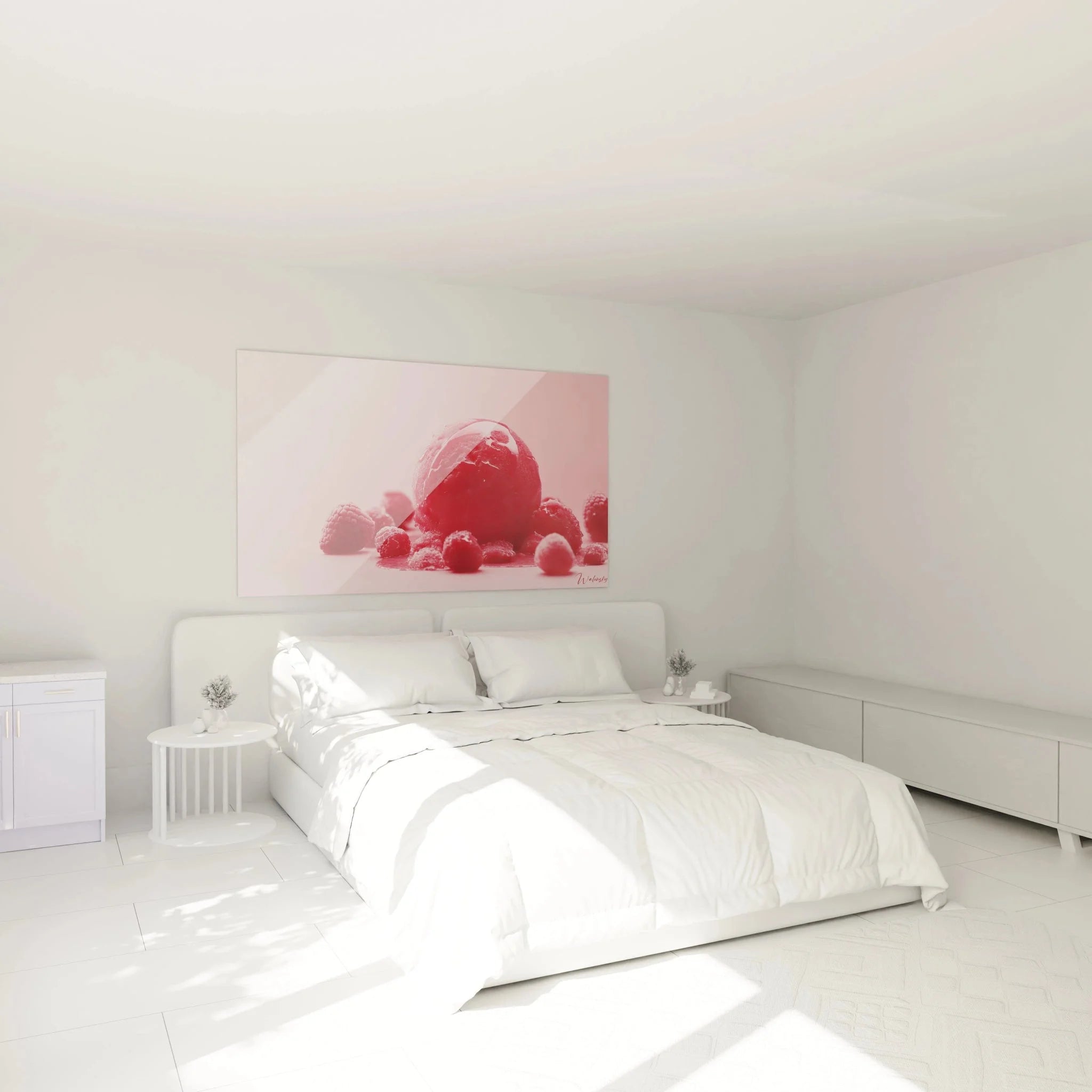 Schlafzimmer Dekoration mit Wandbild Himbeeren rosa - süße Beeren Kunstdruck an der Wand