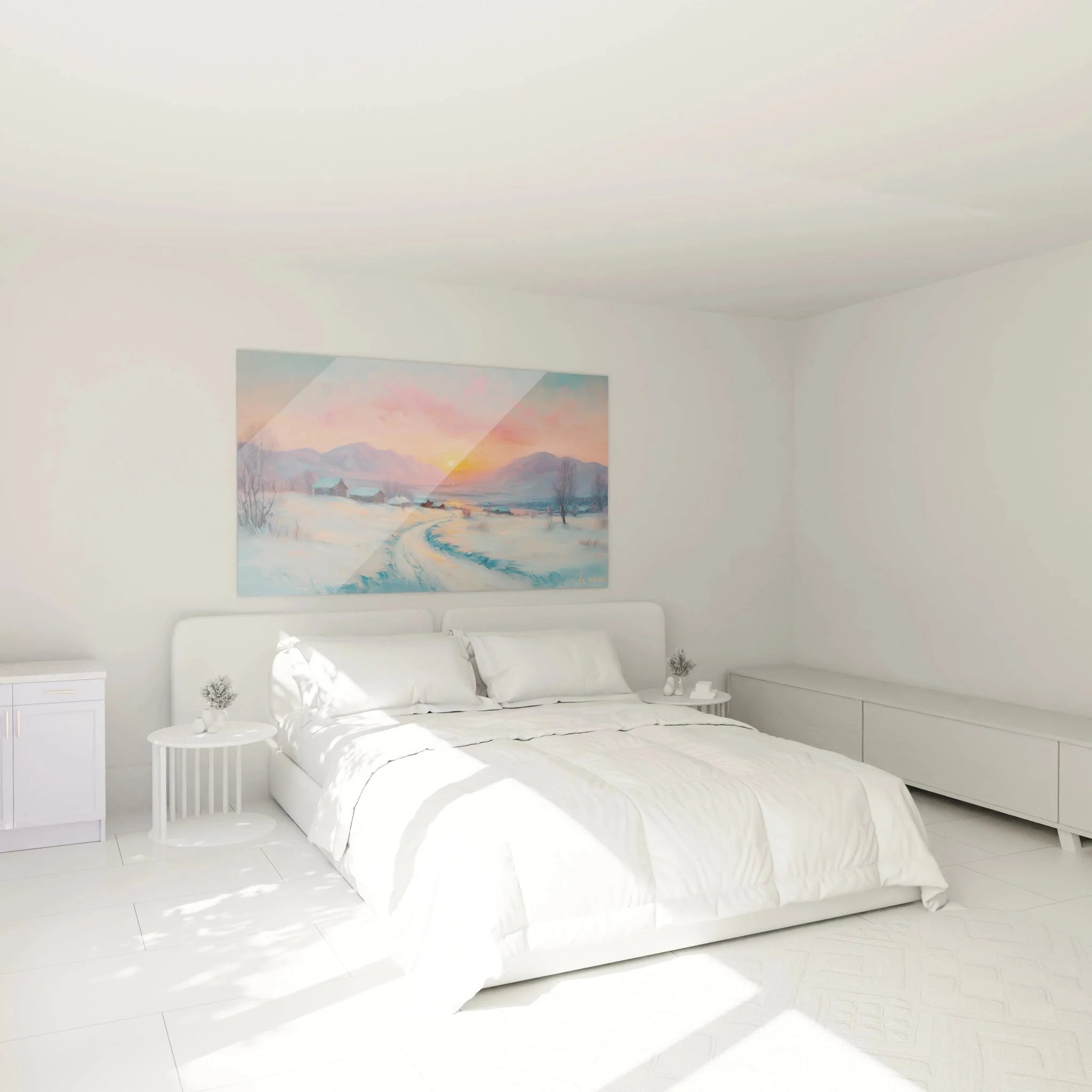 Schlafzimmer Dekoration mit Winterlandschaft Wandbild, romantischer Sonnenuntergang in Bergen