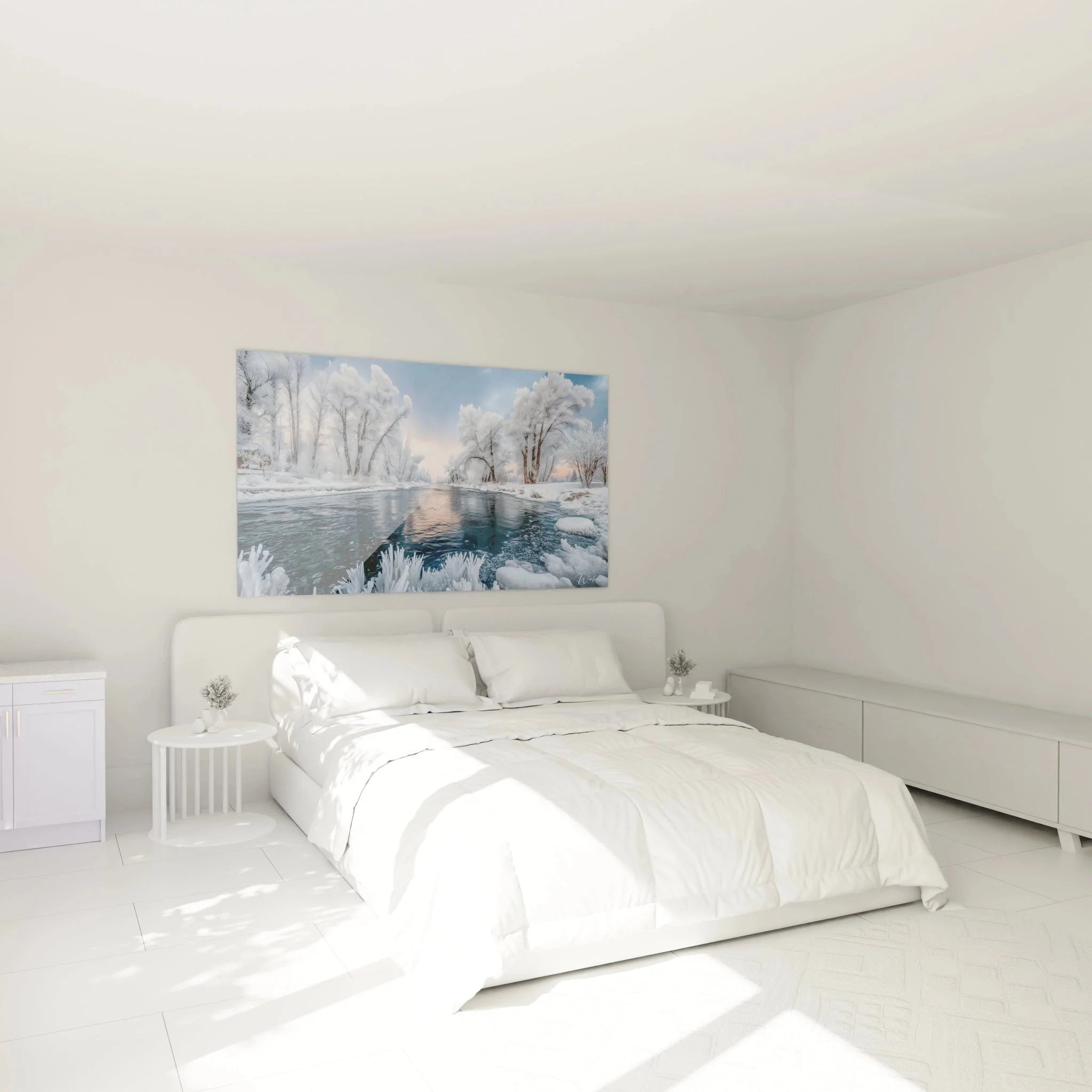 Schlafzimmer Dekoration mit Wandbild Winterlandschaft über dem Bett hängend