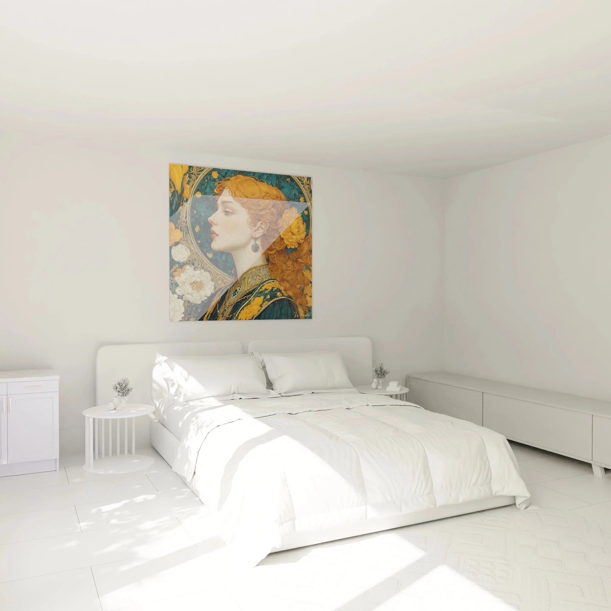 Elegante Schlafzimmer Dekoration mit Jugendstil Dame Wandbild in Gold und Türkis