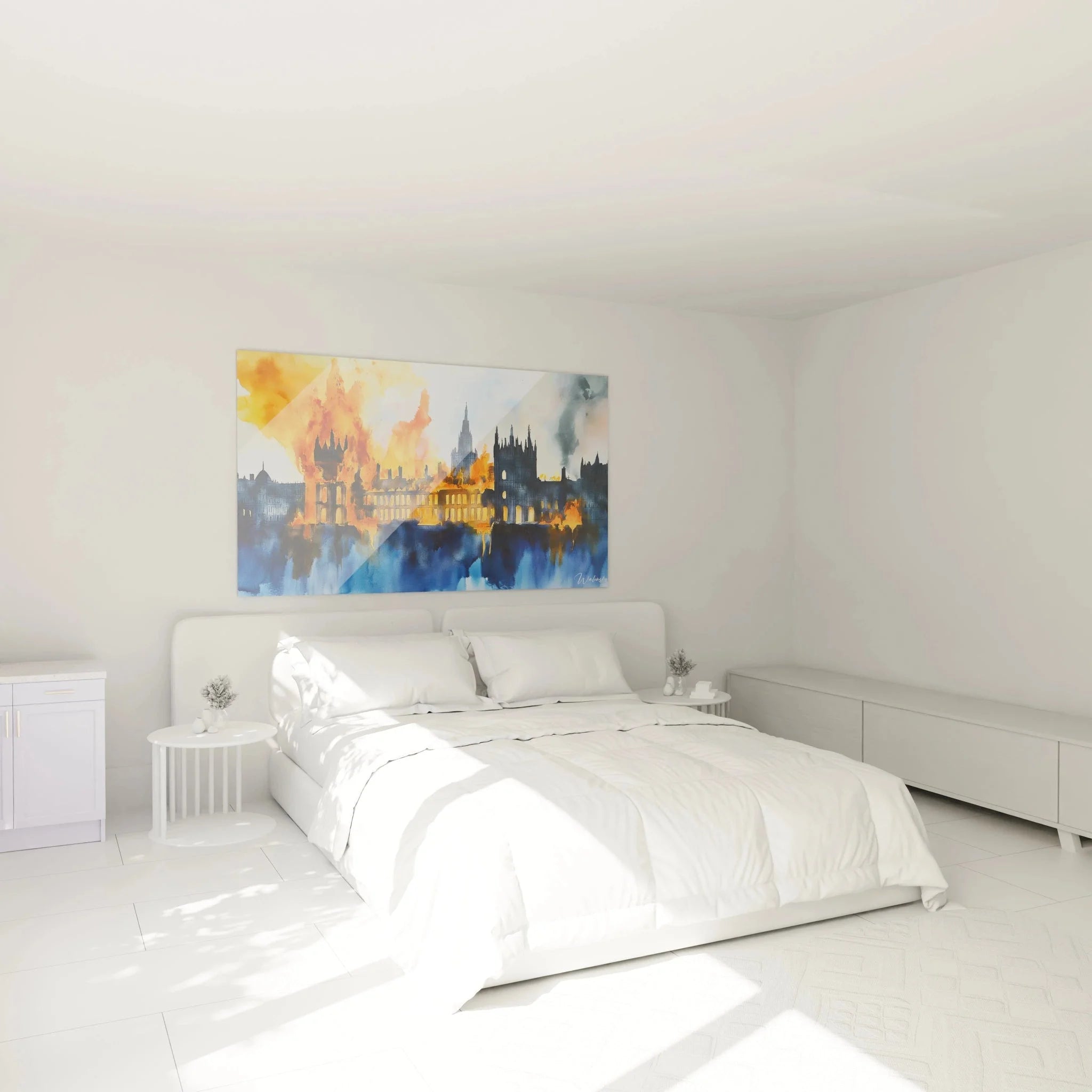 Elegante Schlafzimmer Dekoration mit London Parlament Wandbild im Turner Aquarell Stil
