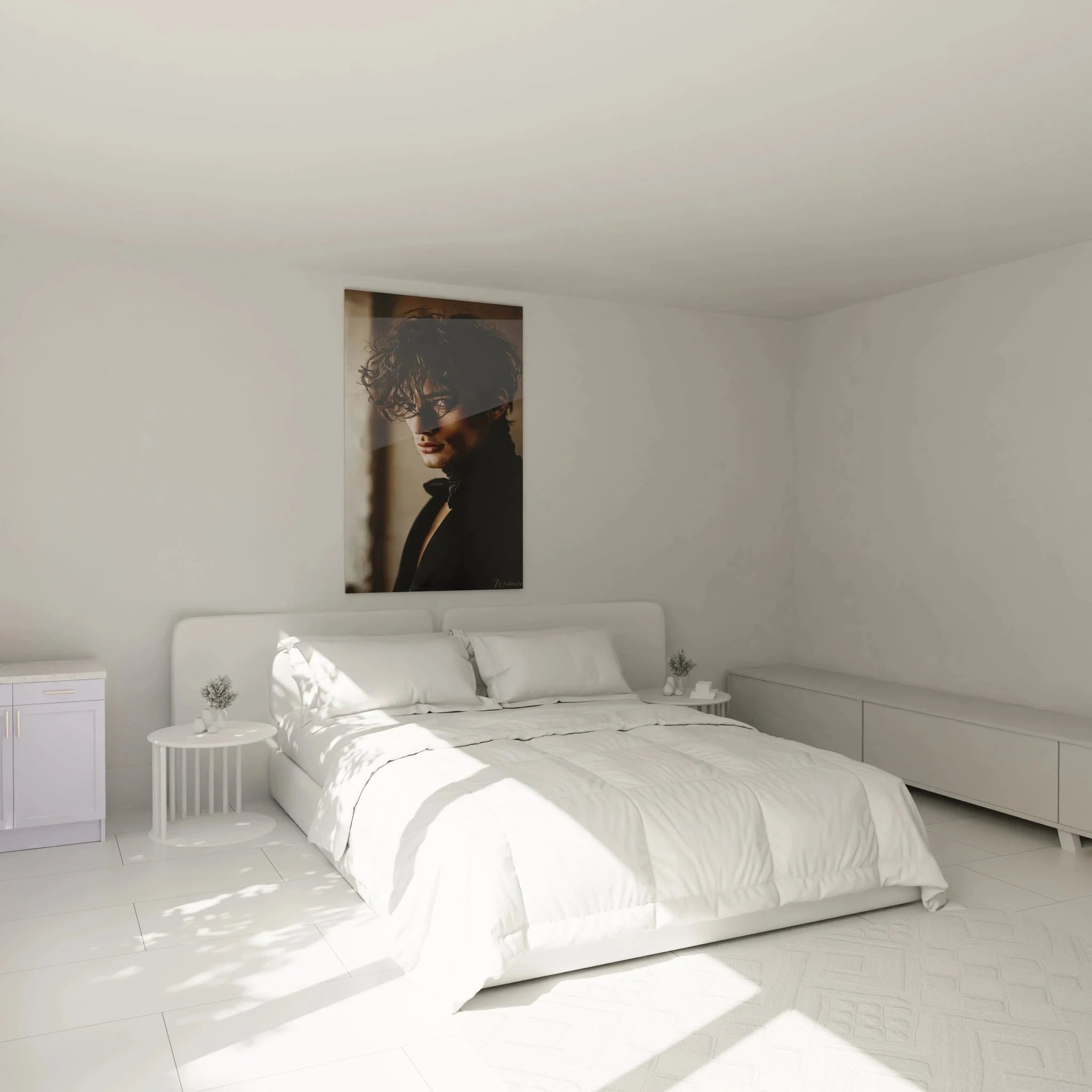 Schlafzimmer Dekoration mit männlichem Portrait Wandbild in warmen Brauntönen - maskuline Wandkunst