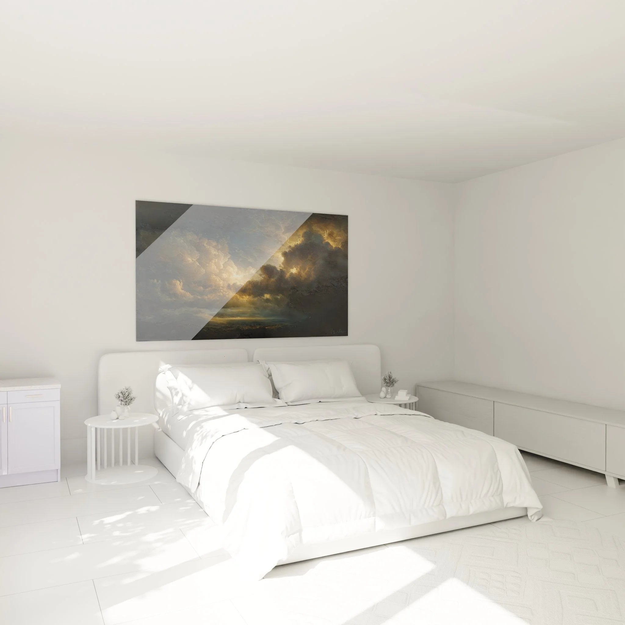 Schlafzimmer Einrichtung mit dramatischem Himmel Wandbild - goldene Wolken XXL Leinwand Dekoration