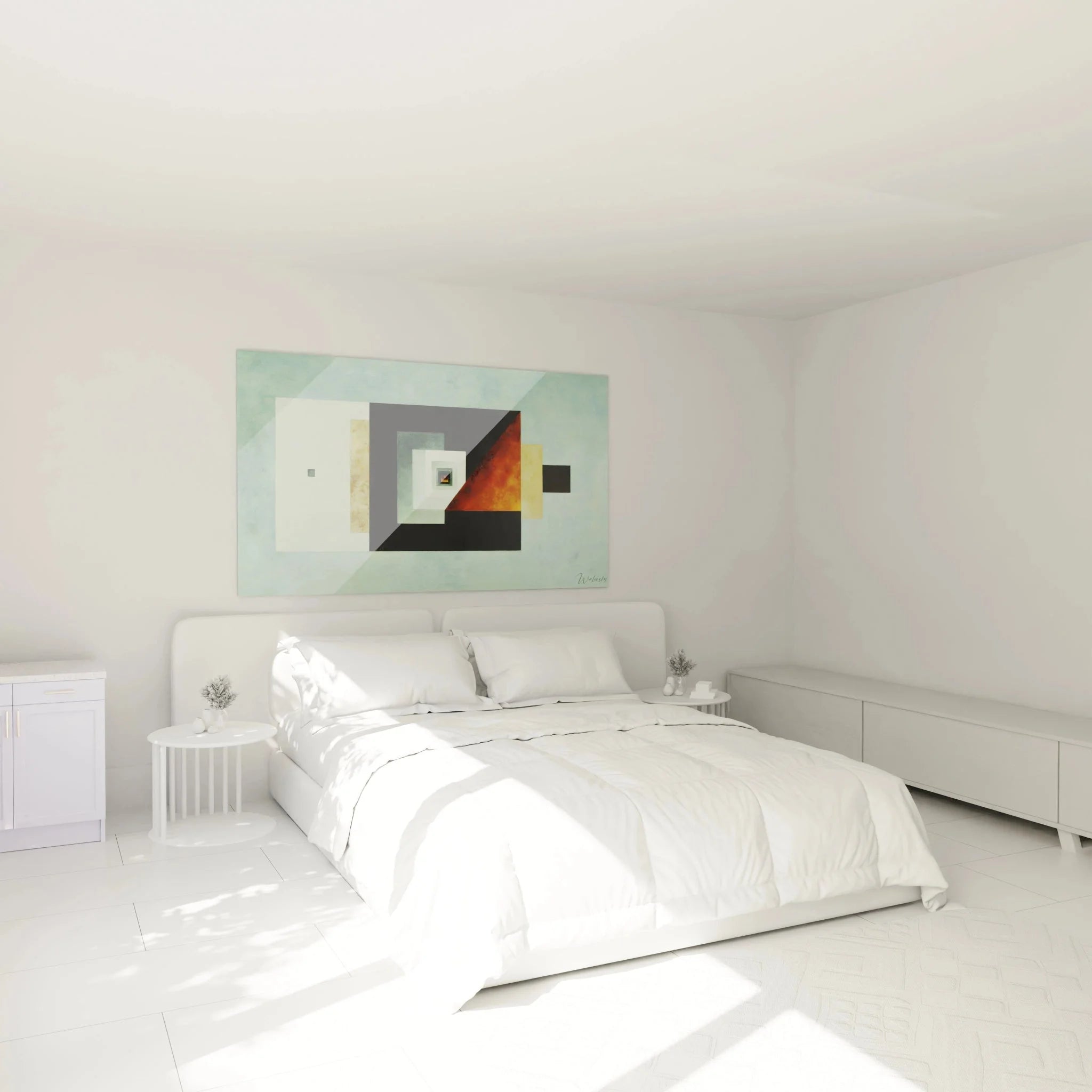 Schlafzimmer Dekoration mit konstruktivistischem Wandbild geometrische Abstraktion