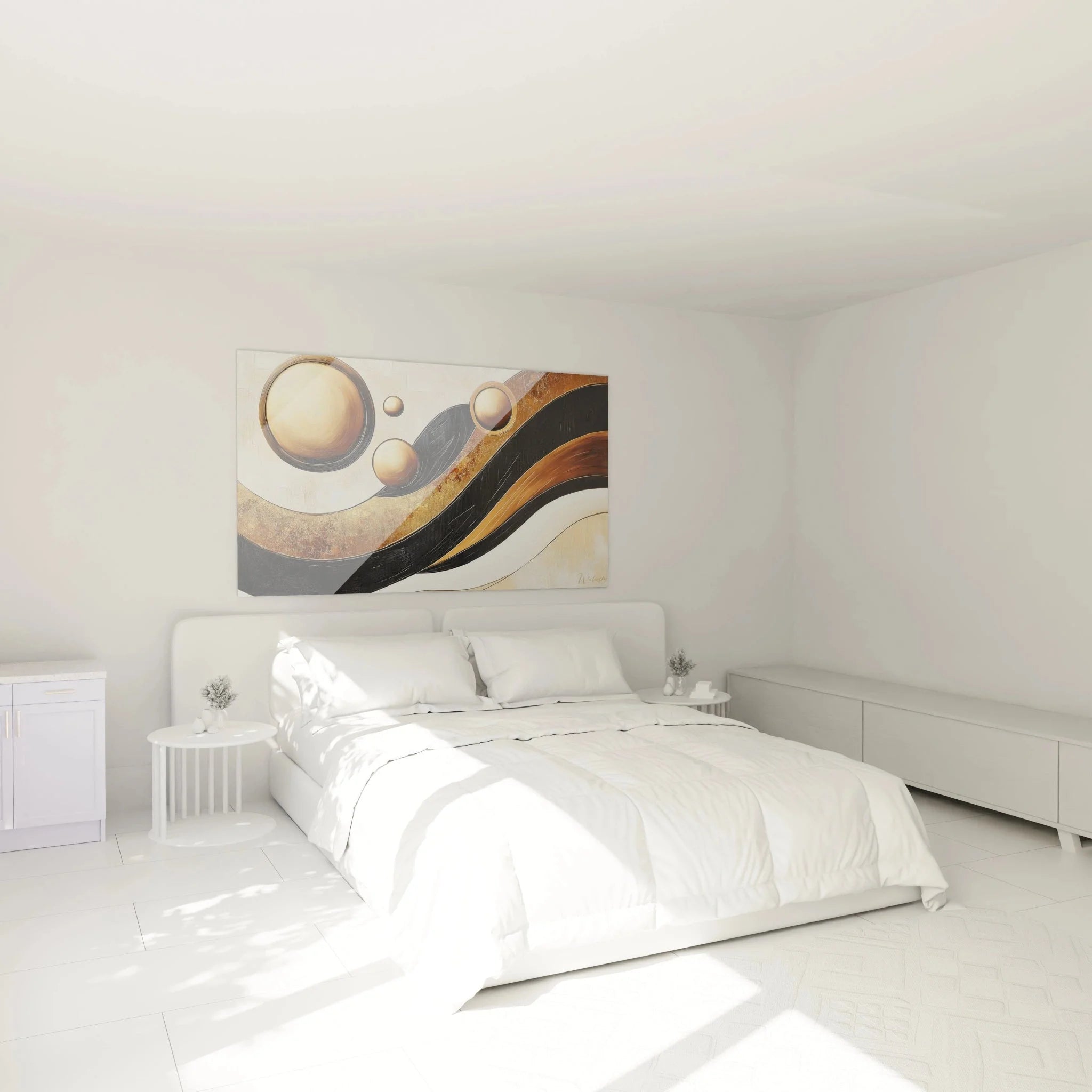 Abstraktes Afrika Wandbild mit goldenen Kreisen als Schlafzimmer Wanddekoration