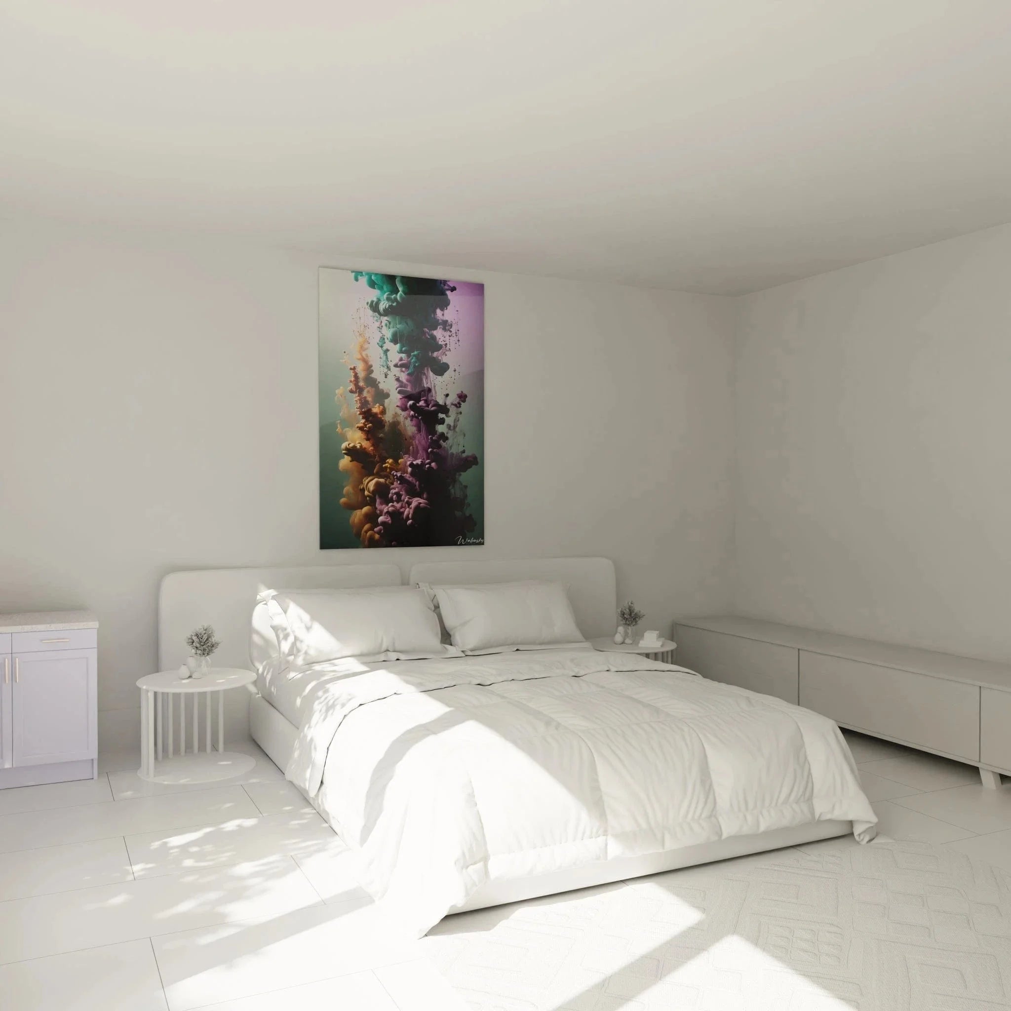 Schlafzimmer Dekoration mit abstraktem Wandbild Farbexplosion - moderne Kunst