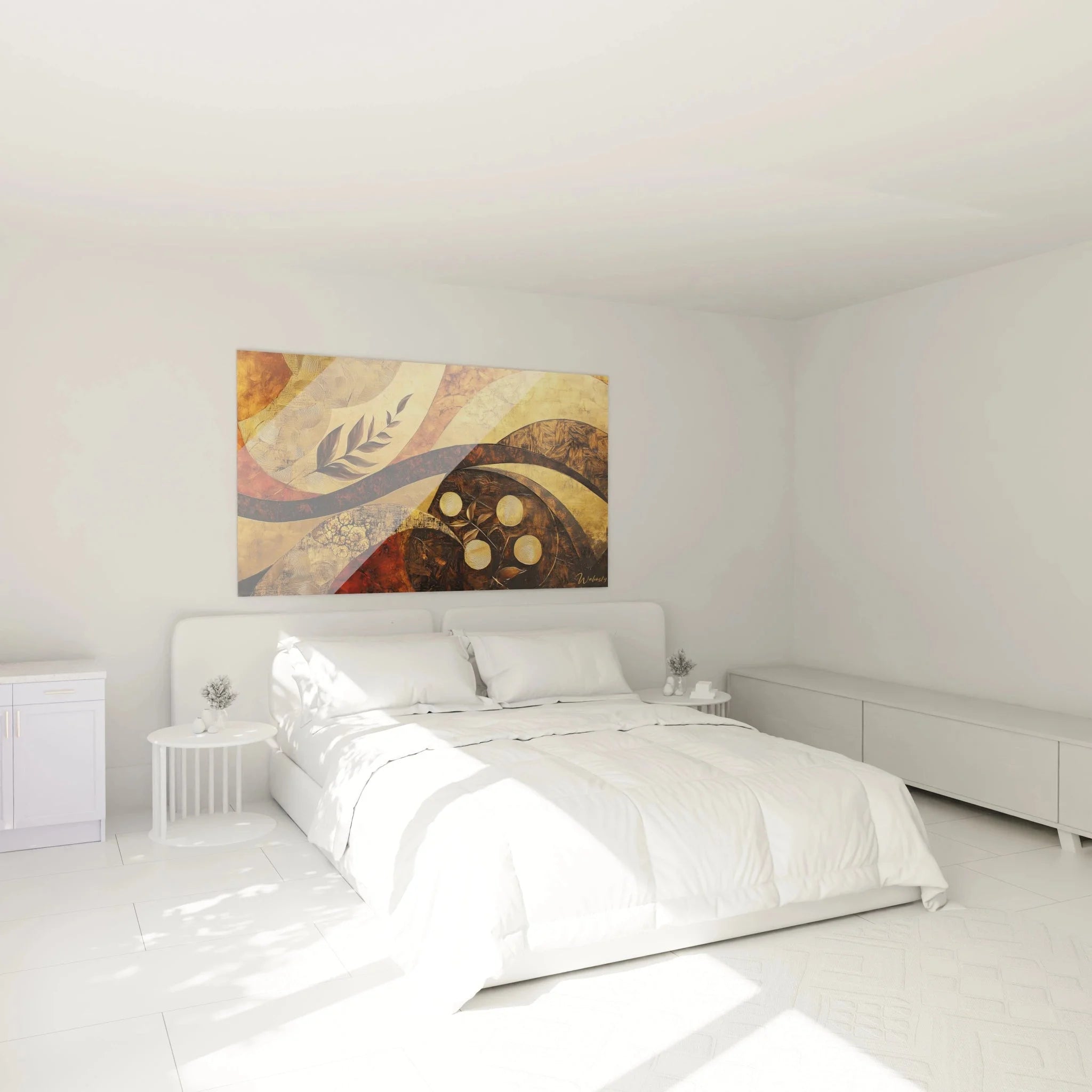 Schlafzimmer Dekoration mit abstraktem Wandbild in goldenen und braunen Naturtönen