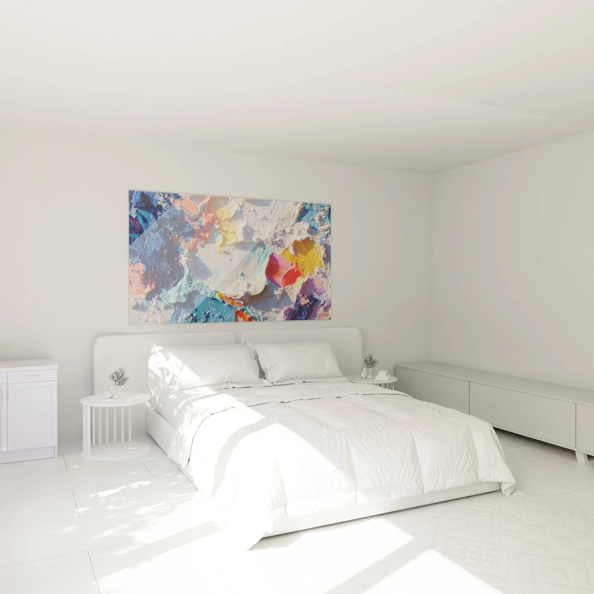 Schlafzimmer Dekoration mit abstraktem Wandbild in Malerei-Optik - moderne Wandkunst