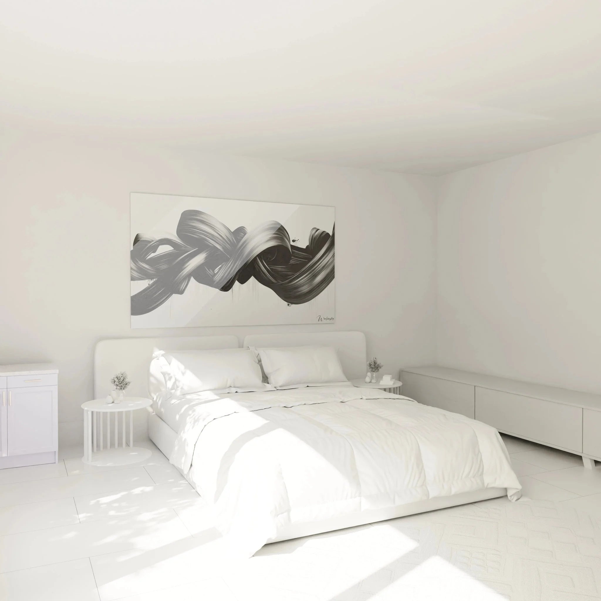 Schlafzimmer mit abstraktem schwarz-weiß Wandbild Pinselstriche als stilvolle Wanddekoration über dem Bett