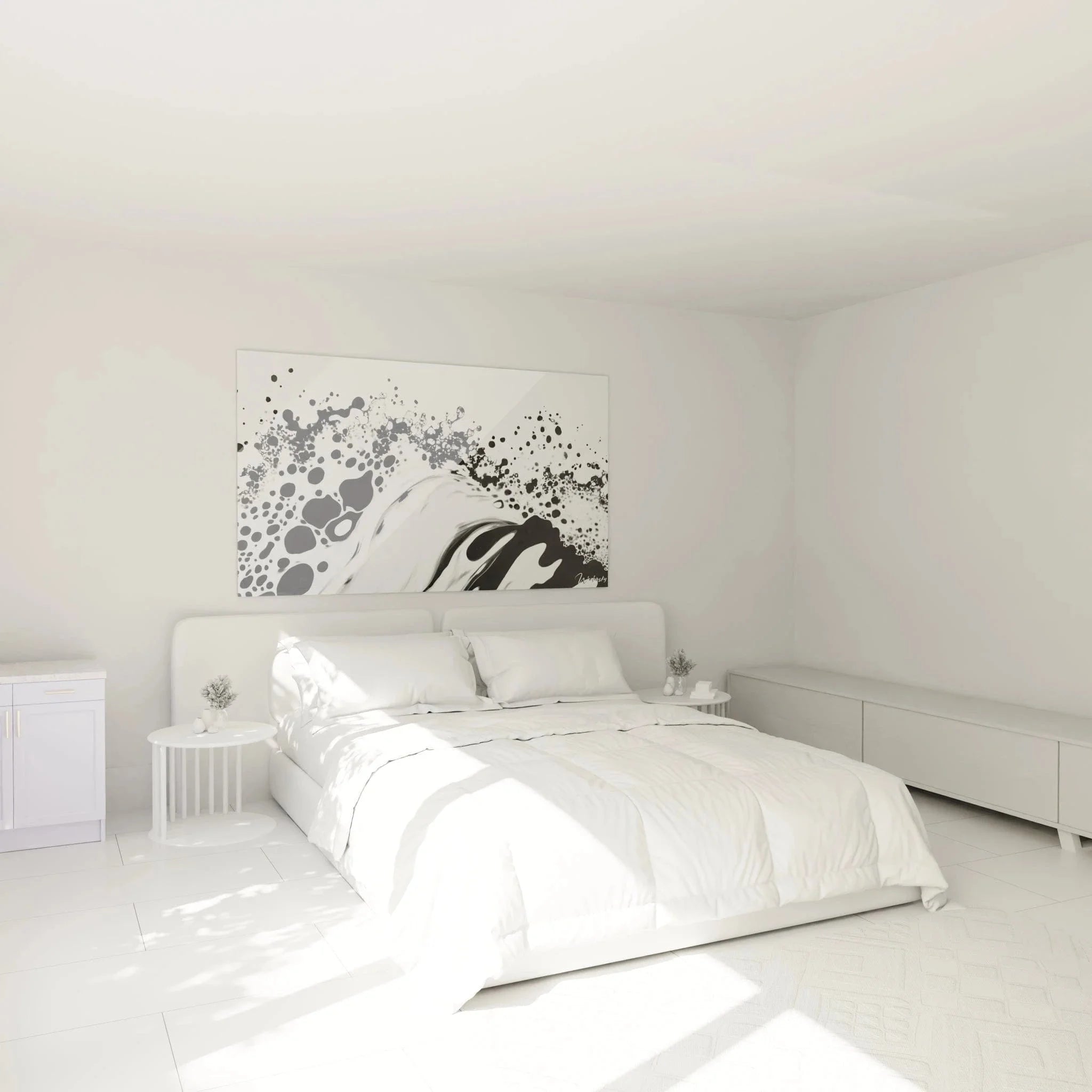 Schlafzimmer Dekoration mit abstraktem Wandbild schwarz-weiß im Dalmatiner Stil, elegante Wandgestaltung