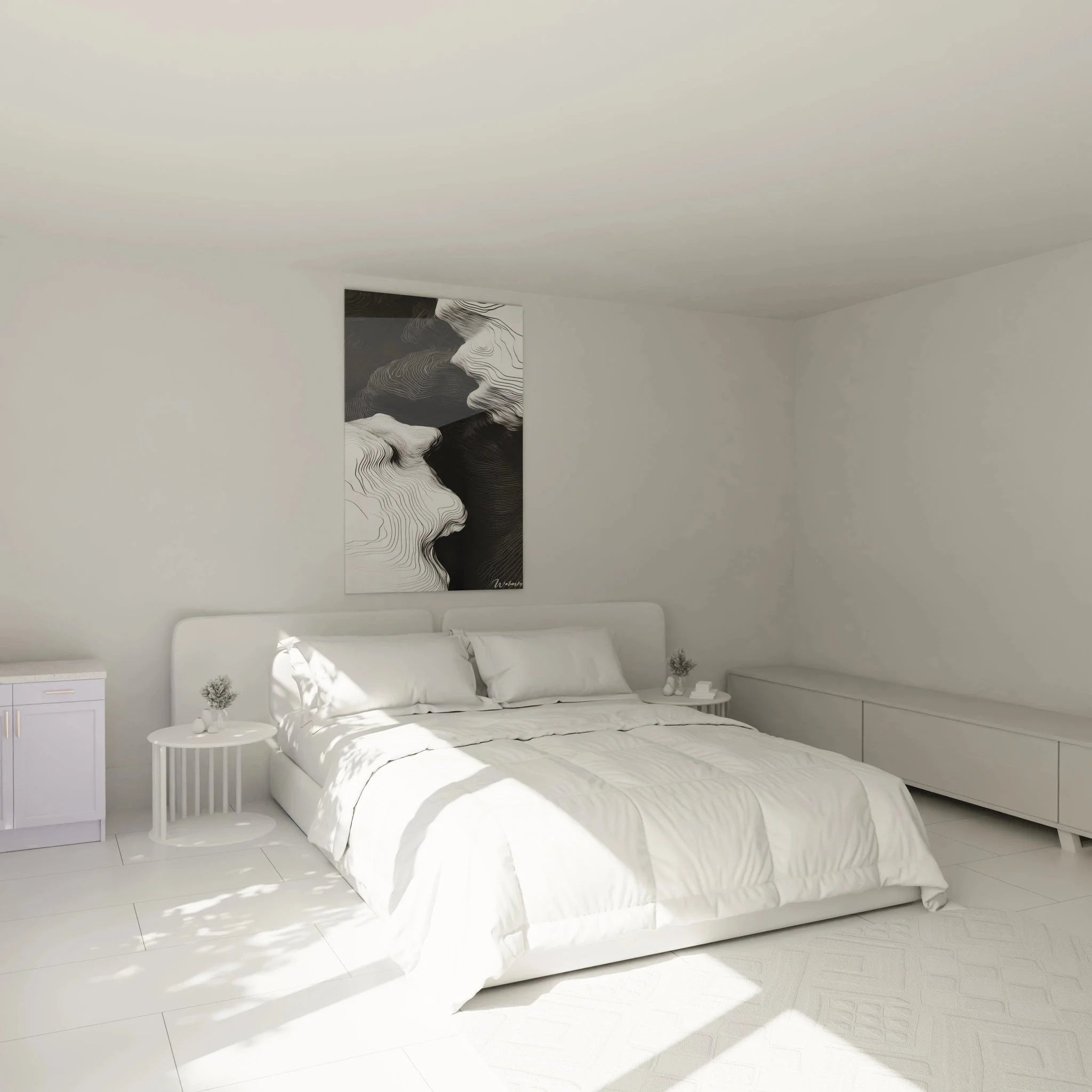 Schlafzimmer Wandbild abstrakte Strömungen schwarz-weiß topographisch elegante Raumatmosphäre