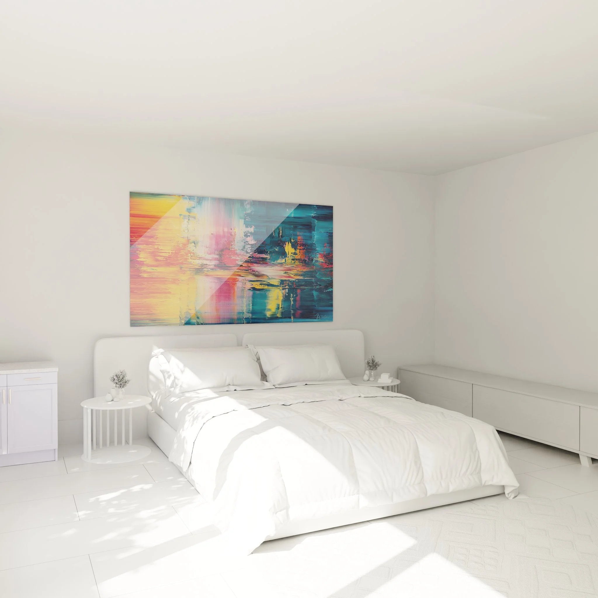 Schlafzimmer Ambiente mit Wandbild abstrakte Reflexion Spachteltechnik Farbspektrum Wanddekoration modern