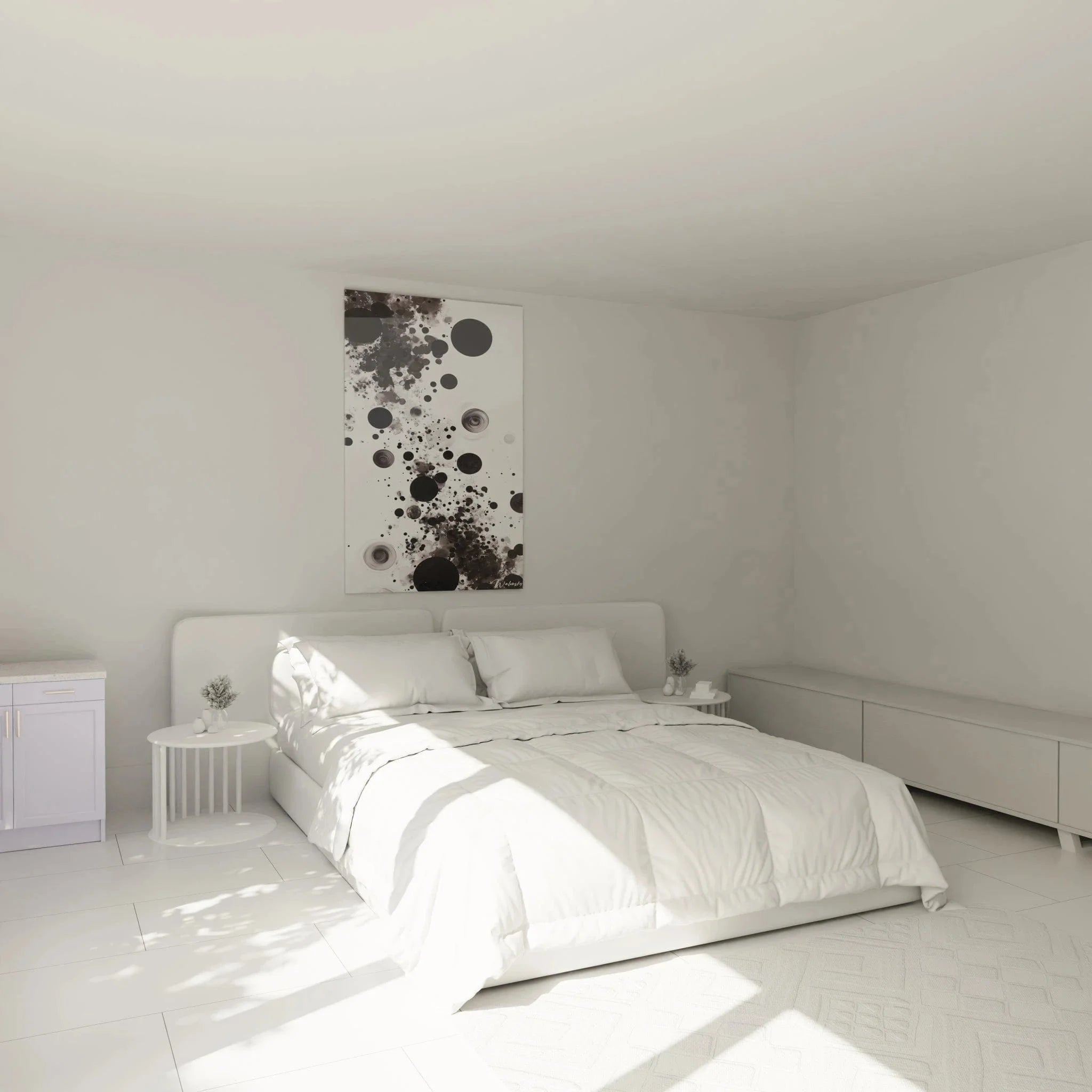 Schlafzimmer Ambiente mit abstraktem Kreise Wandbild schwarz-weiß Dalmatiner Stil