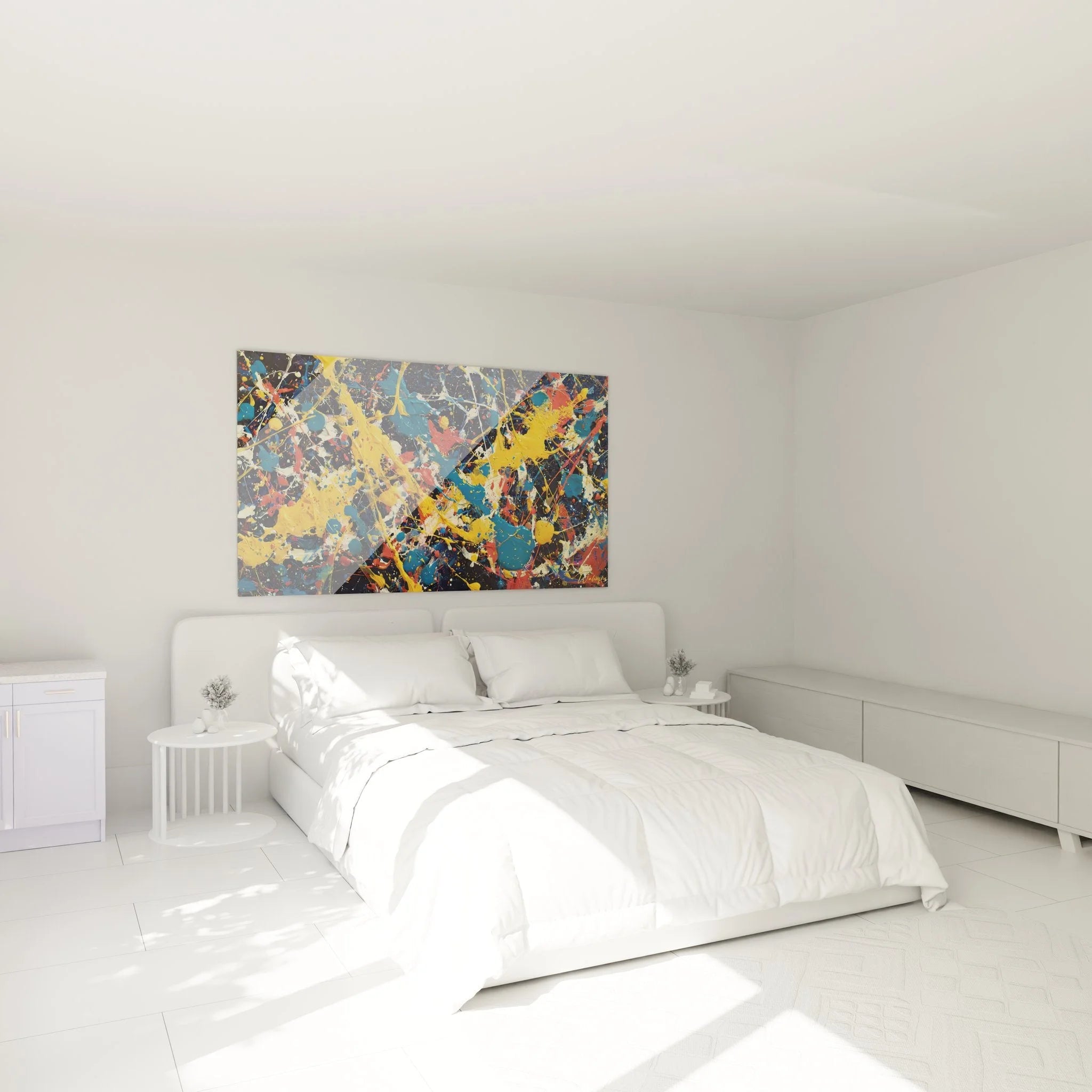 Schlafzimmer Wanddeko abstrakte Farbexplosion Wandbild über Bett - moderne Malerei-Optik Raumgestaltung