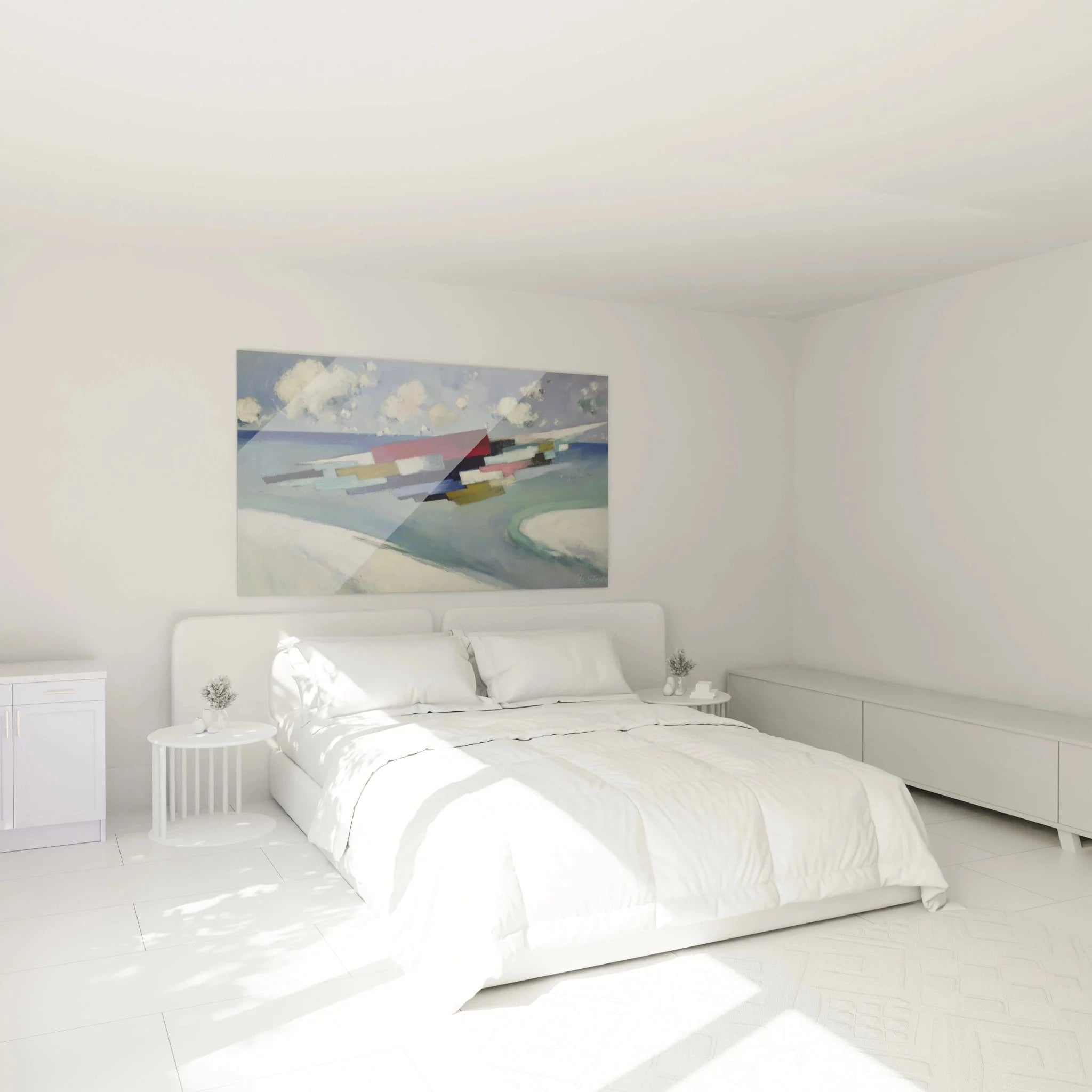 Schlafzimmer Wanddeko abstrakte Landschaft Dadaismus Kunstwerk über dem Bett