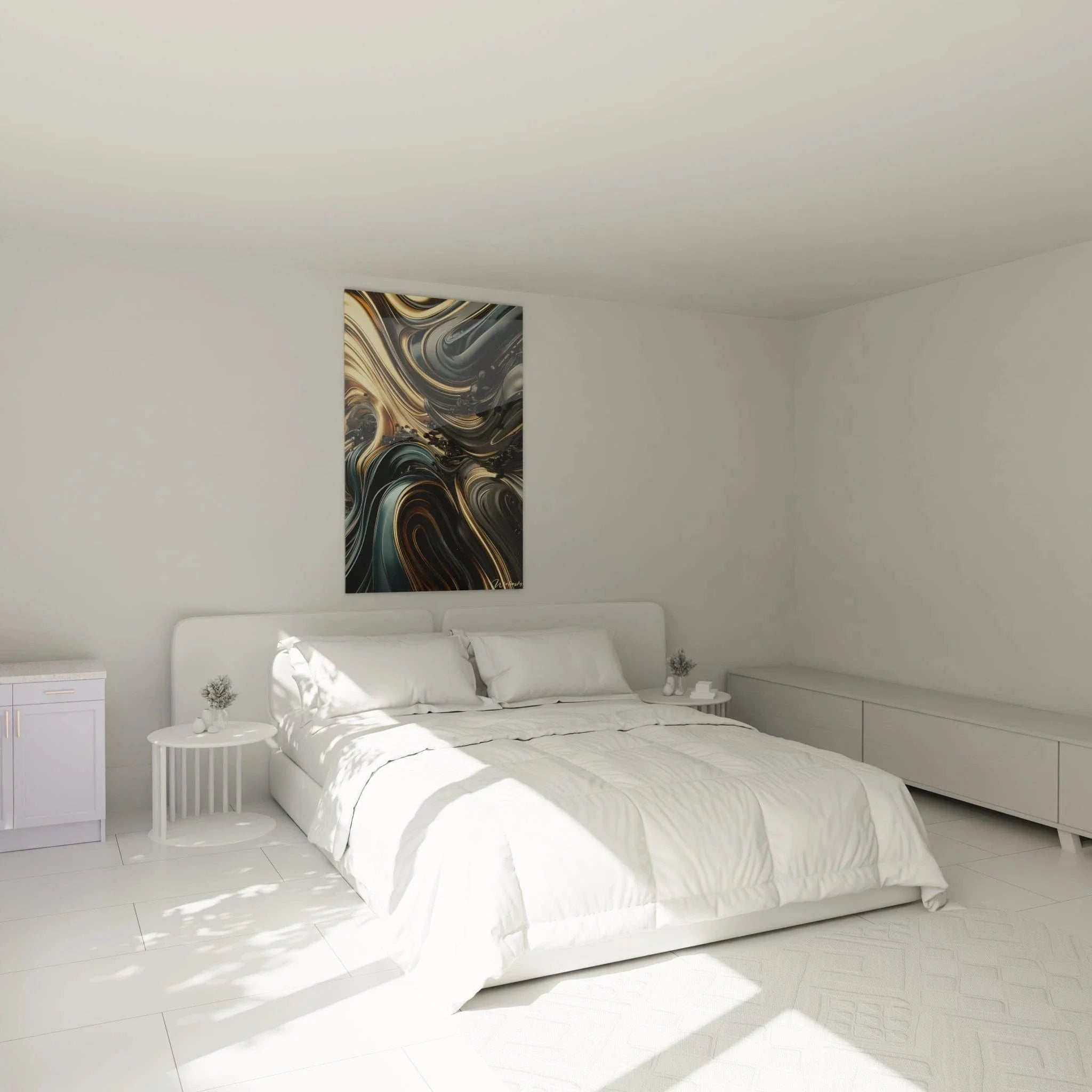 Moderne Schlafzimmer Dekoration mit abstraktem Wandbild flüssige Metallformen in Goldtönen