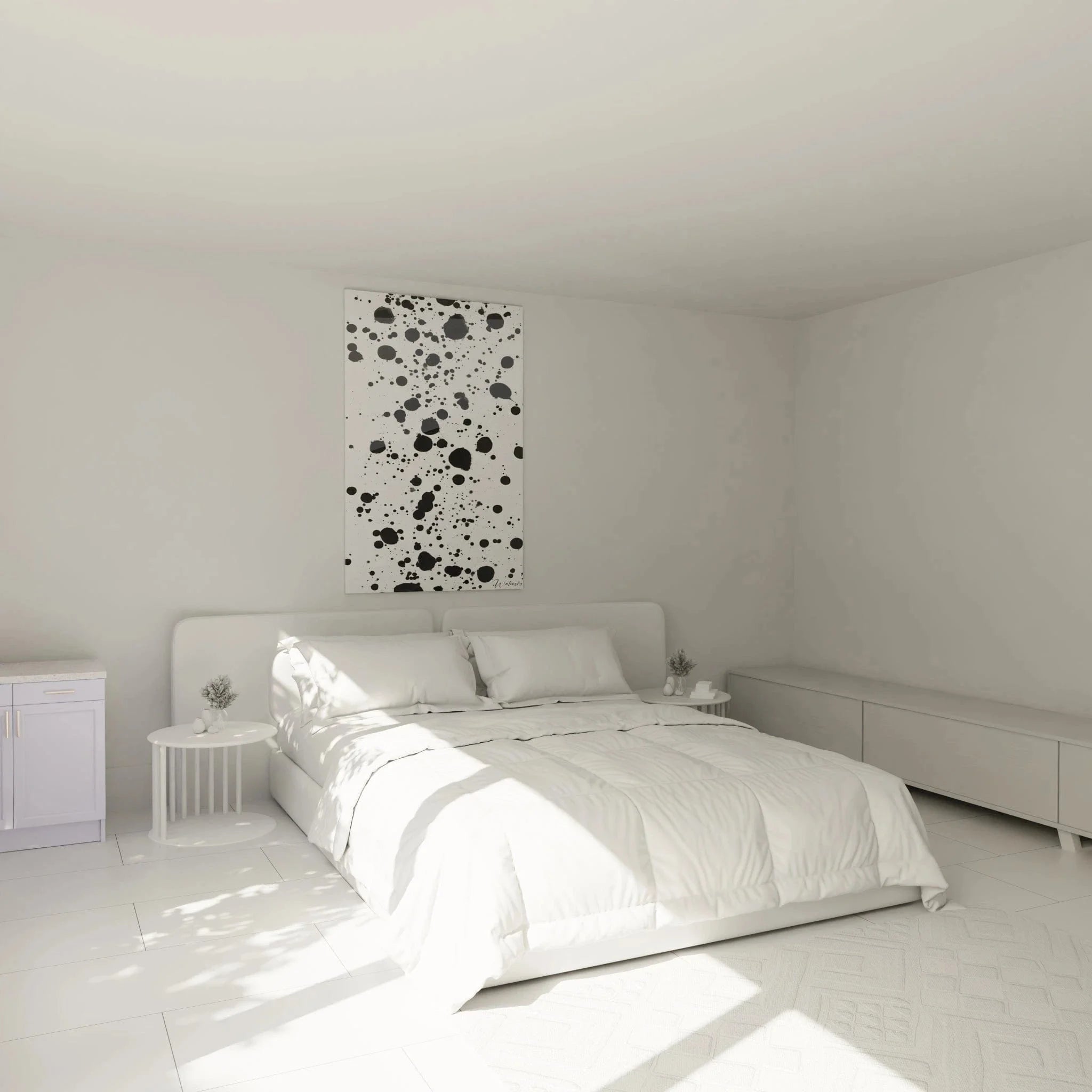 Schlafzimmer Wanddekoration mit abstrakten schwarzen Punkten, elegante Schwarz-Weiß Wandkunst über dem Bett